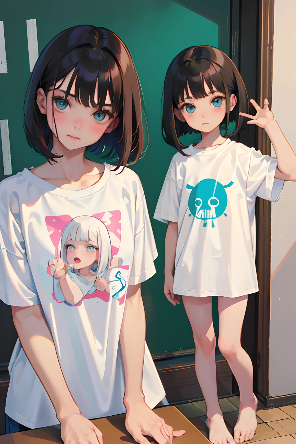 (masterpiece,Highest Quality),(),((Long white T-shirt,Onepiece)),Animal Design,(A dark-haired,Medium bob),Turquoise eyes,embarrassed from,sleepy expression,red blush,Delicate body