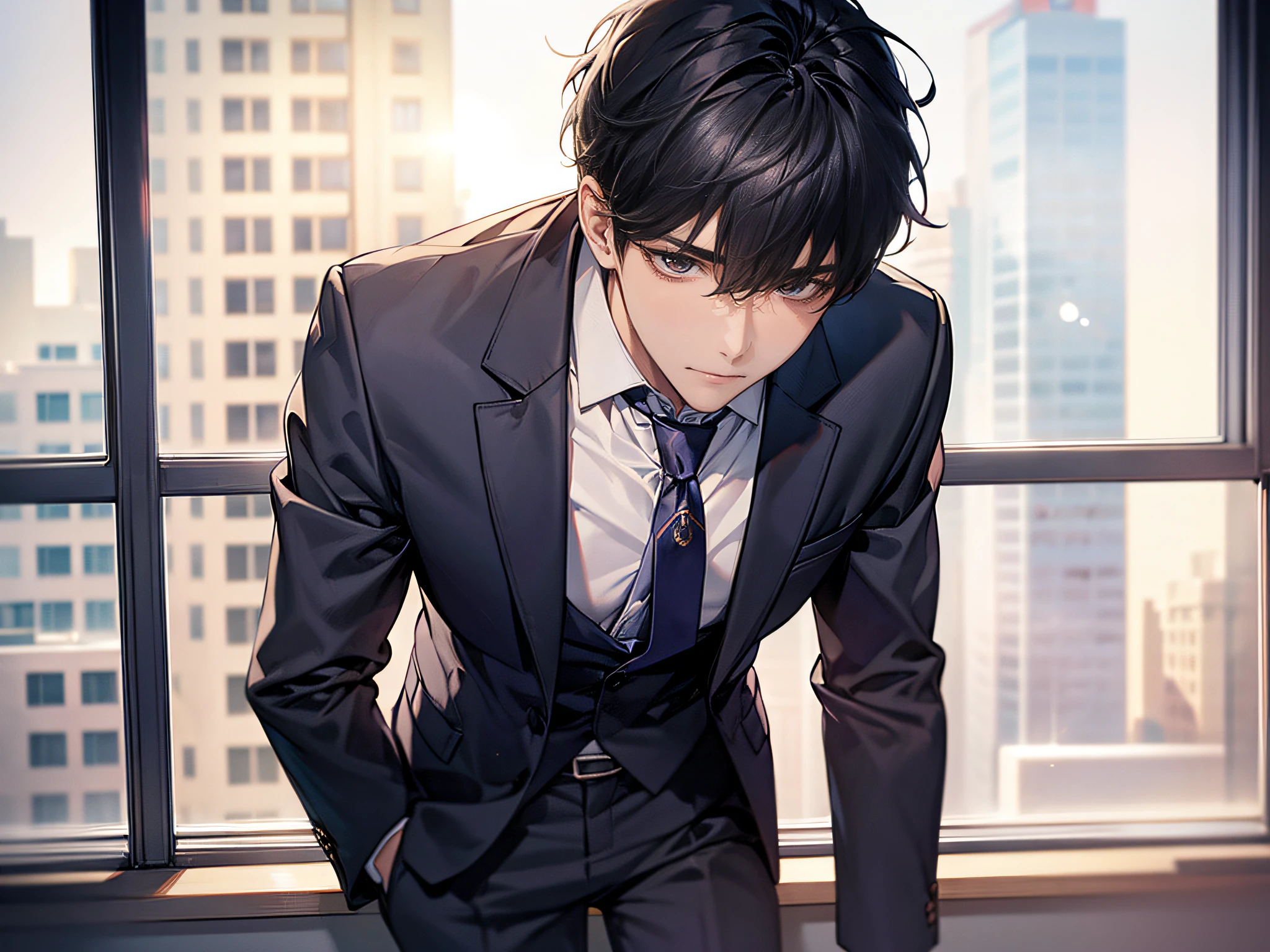 1boy, face focus, adult, business suit, jacket, white shirt, necktie, pants, best quality, hires, detailed face, office, buildings from window, detailed background, diffused sunlight, depth of field, bokeh