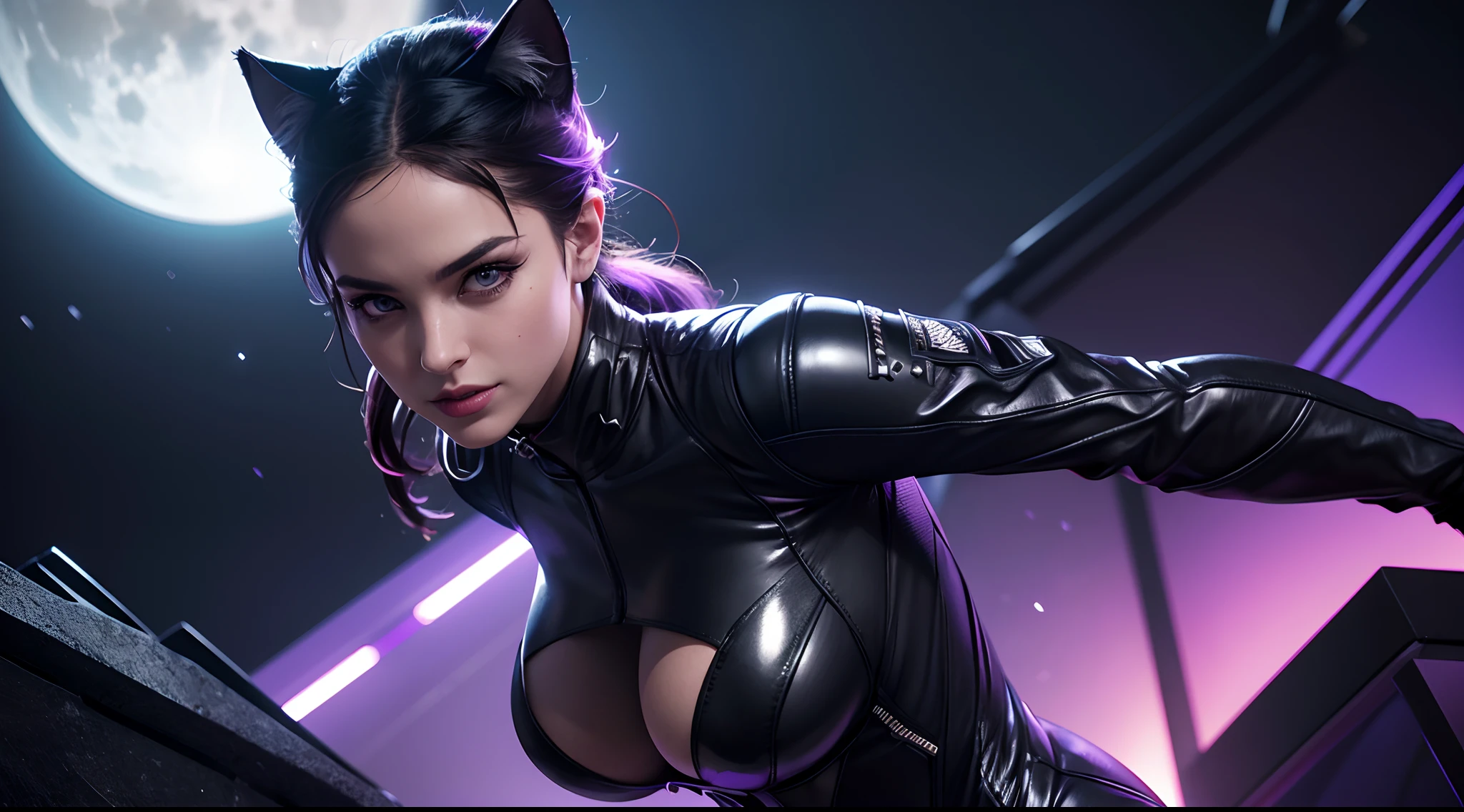 Catwoman in a futuristic suit that glows and lights up, on a black background. She wears a tight-fitting black suit that has a cat-like design and a cat ear hood. Her suit has some purple accents and lights that highlight her curves and movements. Her mask, gloves, boots, and whip are also purple and have some high-tech features. She stands on a rooftop with the moon behind her and looks at the camera with a seductive smile.
in night, Huge and complex technical background, (Masterpiece), (Detailed), (intricate details), (Realistic, photo-realistic:1.37), extreamly delicate and beautiful, 8k wallpaper, absurdress, incredibly absurdres, Ultra-detailed, hight resolution, Extremely detailed
CGI with clear focus, Photorealistic, Details of the future, high detail, Realistic, Masterpiece, absurdress, Best Quality, HDR, hiquality, hight resolution, Extremely detailed, 8k wallpaper, intricate details, 8K UHD, Full-HD, (foto realista:1.2), Contrast, sharp lighting, Cinematic lighting, natural lighting, hard light, Backlighting, Global Illumination, Environment Occlusion
