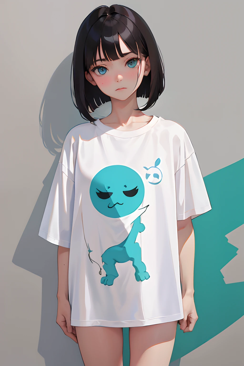 （​masterpiece，Highest Quality），(child)，((Long white T-shirt with animal printed，Onepiece))，(A dark-haired，Medium bob)，Turquoise eyes，embarrassed from，sleepy expression，Delicate body