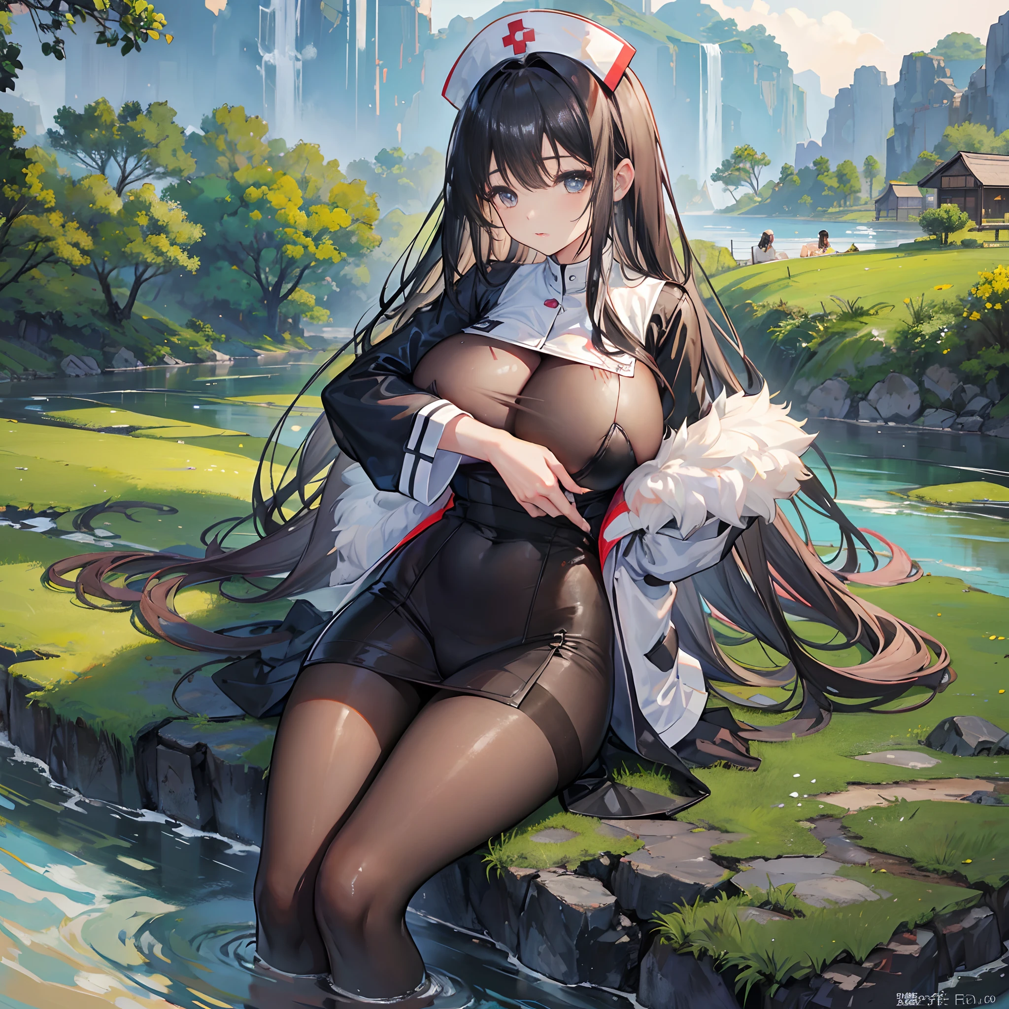 Guilin landscape,Sitting on a stone on the shore of the waterhole,It rained heavily,(gigantic breasts:1.3),black pantyhoses,golden curly hair,nurse's outfit