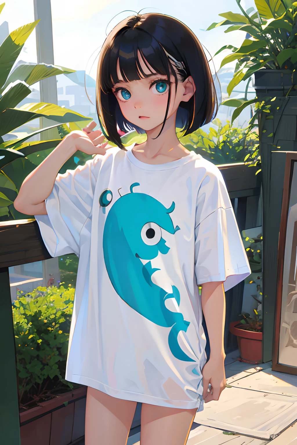 (masterpiece,Highest Quality),(),((Long white T-shirt,Onepiece)),Animal Design,(A dark-haired,Medium bob),Turquoise eyes,embarrassed from,sleepy expression,Delicate body
