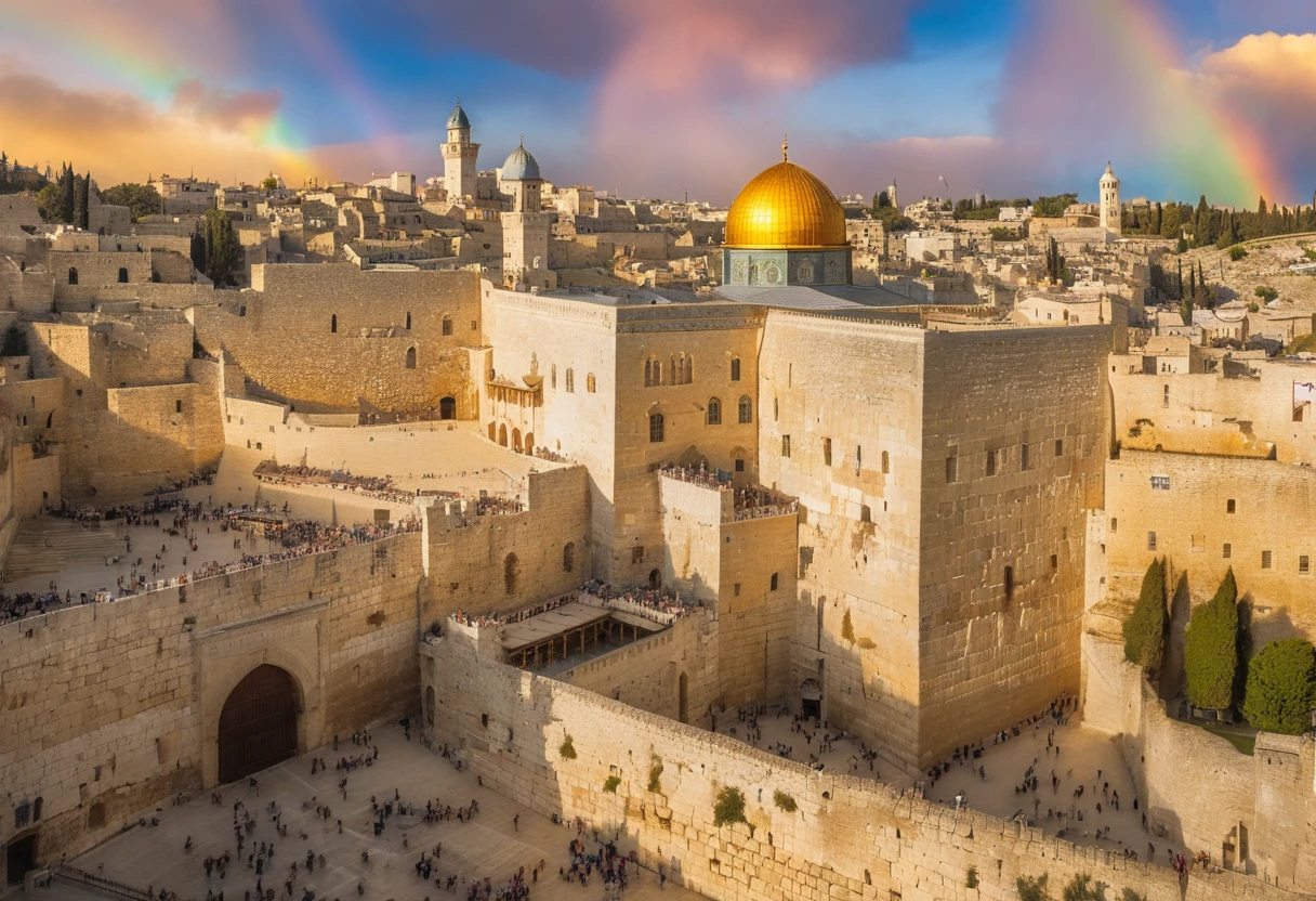 photographic, National Geographic quality picture, award winning, (Best Detailed: 1.5), (best quality: 1.5) picture of the Western Wall in Old City Jerusalem (an exact detailed: 1.5), The Western Wall (best detailed, best quality: 1.5) in all is antiquity, reverence, and divinity, central focus to the Jewish faith, and a magnificent, (vibrant full spectrum rainbow: 1.3) , it is lightly clouded there are some sun rays, the old city of Jerusalem (best detailed, best quality: 1.5) background, best quality, (extremely detailed: 1.5), picture taken from a medium range, ultra wide shot, photorealism, depth of field, hyper realistic, 2.5 rendering,