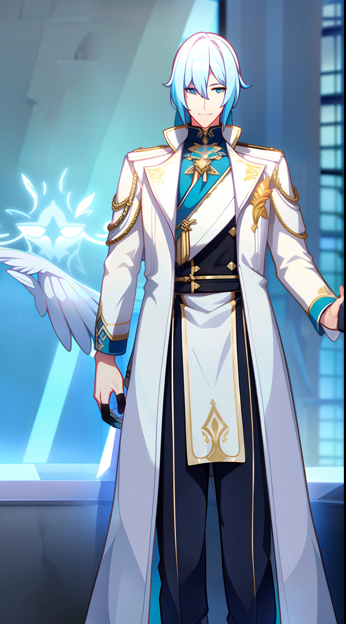 Tall guy, Stunted pigeons, Cyan eyes, ssmile, Beautiful white soldier's uniform, Gold Elements, Two magic pistols, hiquality, 4k, HD, Good detail