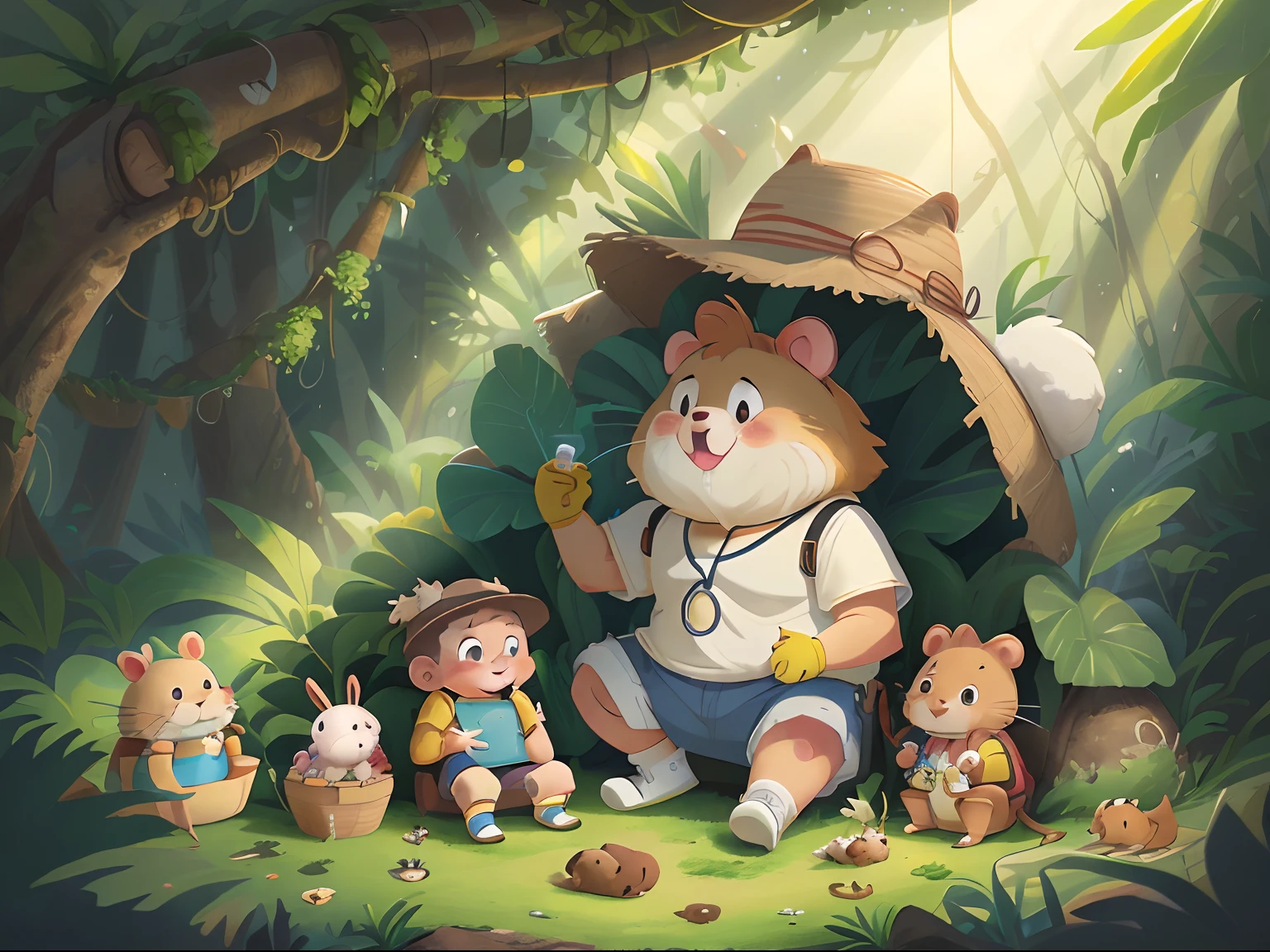 Cute little boy wearing yellow bucket hat，Huge furry rabbit and a couple of hamsters, Little boy in white shirt and blue shorts sitting next to a very large giant furry white rabbit laughing, In the jungle of fantasy, Movie anime style, Fantasy jungle background,