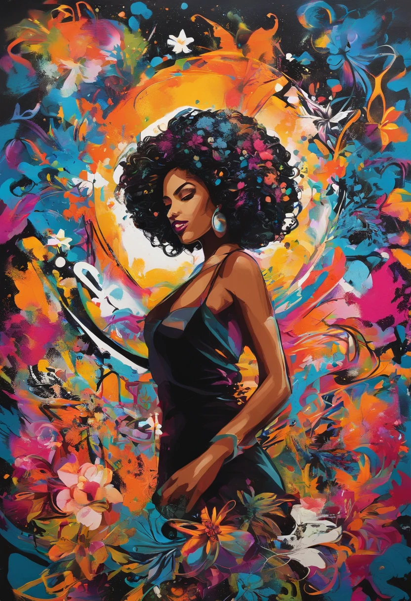 mulher negra, elegante, vivid colors,sereno,lua cheia brilhante ao lado direito, Magic, elegante, Borboletas,lua cheia, flores florescendo, em movimento, Dramatic, corpo inteiro, organic composition