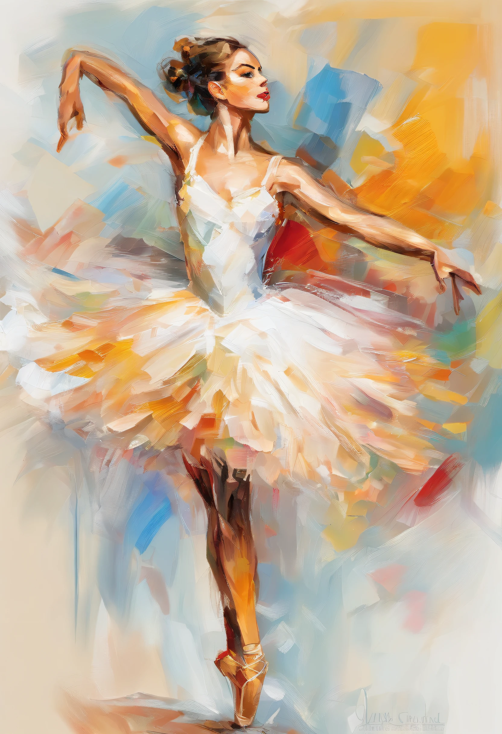 a impasto oil painting of female ballet dancer in white dress performing on stage, prima ballerina, ballet performance painting, ballet dancer, playbill of prima ballerina, ballet, emily rajtkowski, pointe pose, inspired by Elizabeth Polunin, adi meyers, pointe poses, pointed pose;pursed lips, arabesque, by Robert Medley, sophie, anna