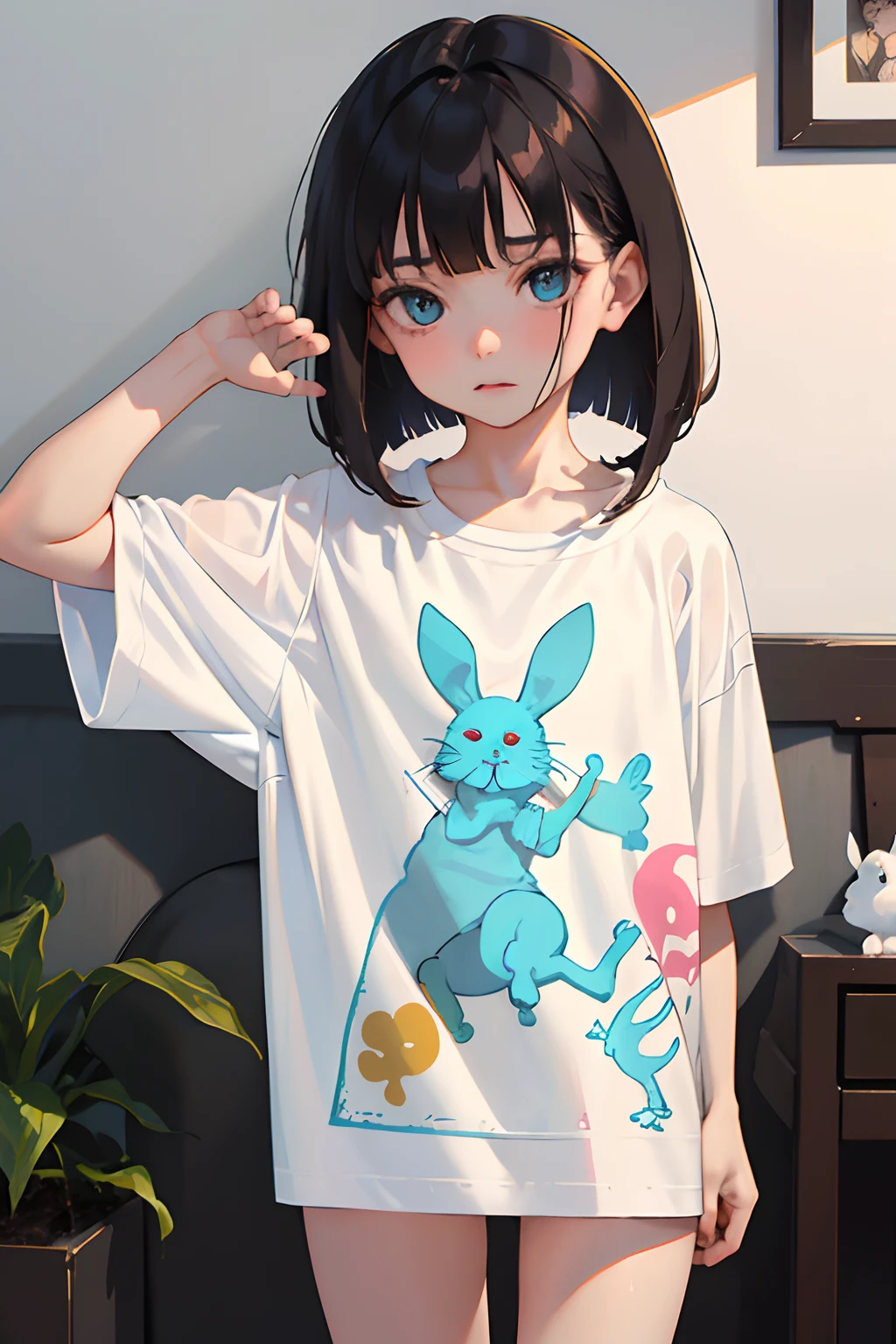 (masterpiece,Highest Quality),(child),((Long white T-shirt with rabbit printed on it,Onepiece)),(A dark-haired,Medium bob),Turquoise eyes,embarrassed from,sleepy expression,Delicate body