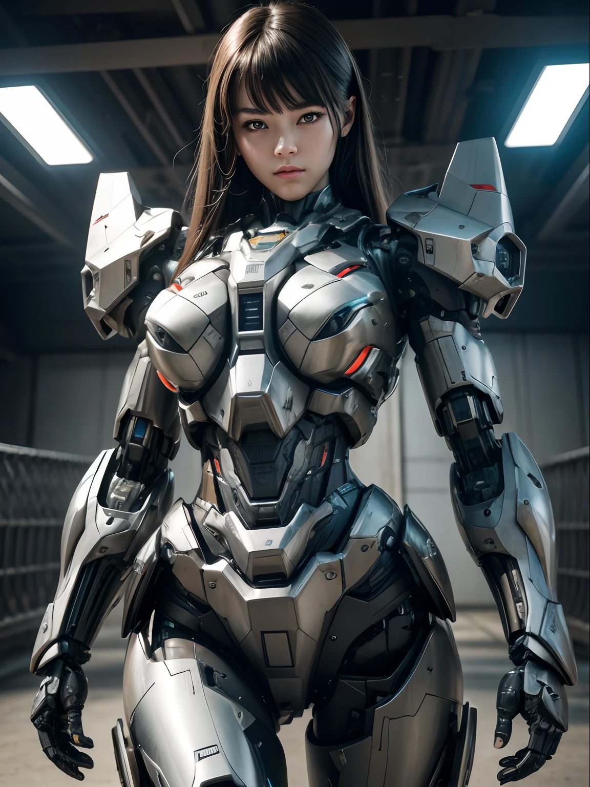 Textured skin, Super Detail, high details, High quality, Best Quality, hight resolution, 1080p, hard disk, beautiful,(War Machine),Beautiful Cyborg Woman,Mecha Cyborg Girl,Battle Mode,Girl with a mecha body