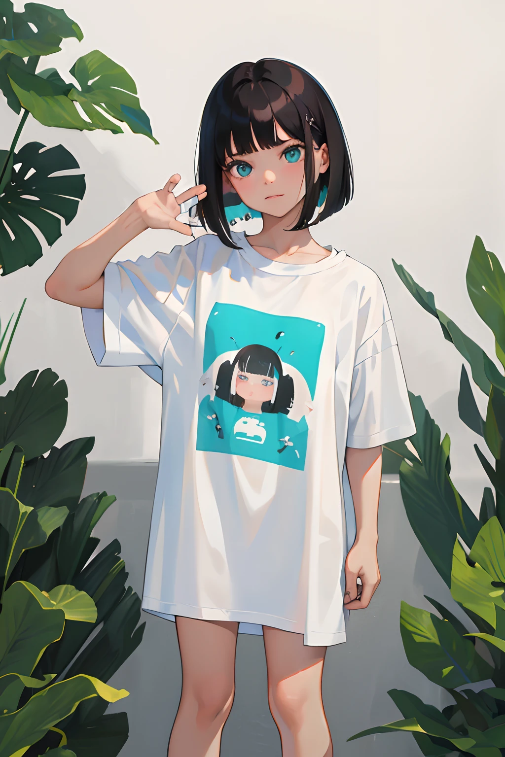 (masterpiece,Highest Quality),(child),((Long white T-shirt with animal printed,Onepiece)),(A dark-haired,Medium bob),Turquoise eyes,embarrassed from,sleepy expression,Delicate body