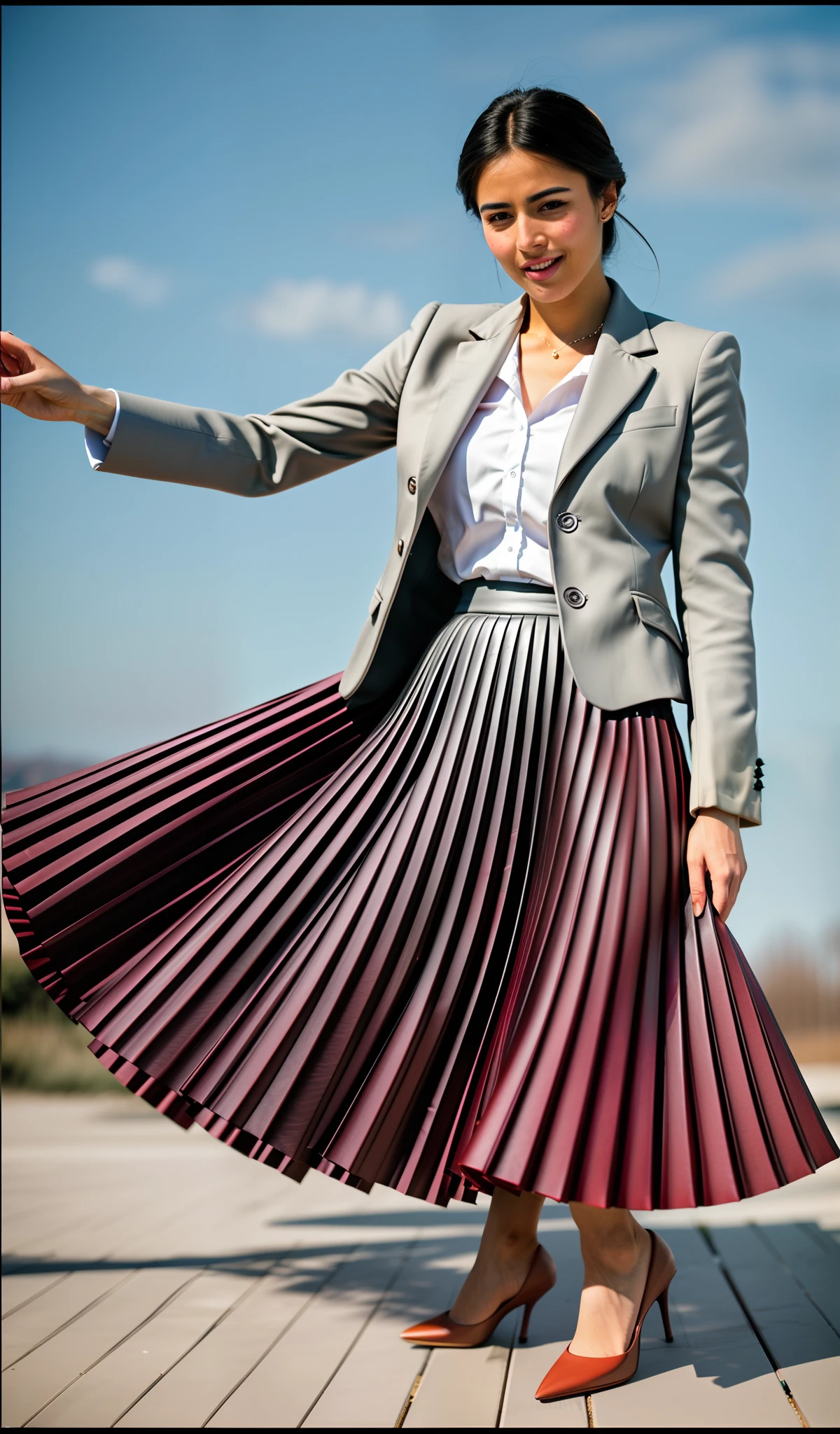 very (seductive:1,9) smiling attractive lesbian woman wearing short blazer and very very detailed (long (fully pleated) full circle skirt) and (simple) low heeled office shoes, very very intricate hyper-detailed symmetric (attractive graceful young feminine face) with (sad, tired eyes and a shy smile), large breasts, full of empathy and compassion and love, (pronounced (feminine) features), (highly detailed ultra accurate realistic) hands and fingers, (windy conditions and wind blowing), epic composition, highly detailed attributes, highly detailed atmosphere, (35mm f1.4 Kodak portra 400 photograph), extremely high quality RAW photograph,