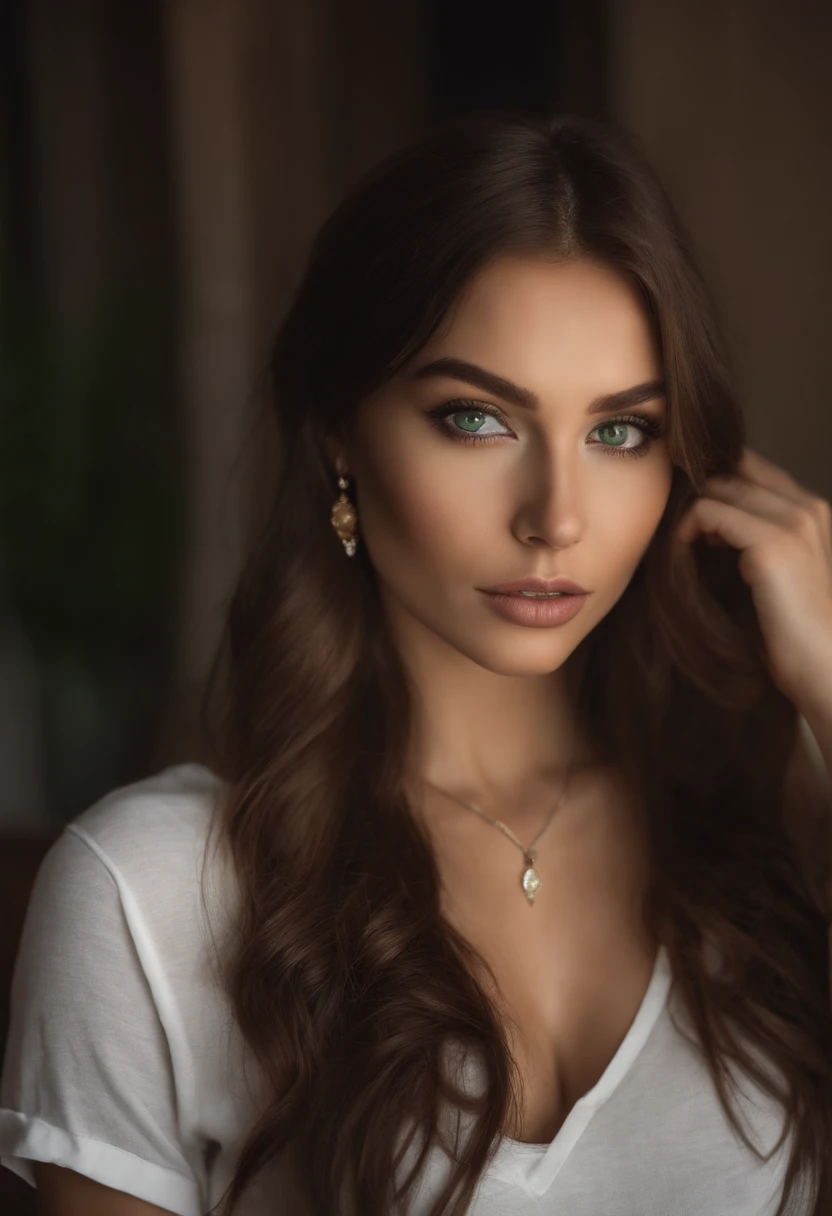 Arafed woman with white tank top and necklace, Sexy girl with green eyes, portrait sophie mudd, brown hair and big eyes, Selfie einer jungen Frau, Augen im Schlafzimmer, Violet Myers, ohne Make-up, Natural makeup, Blick direkt in die Kamera, Gesicht mit Artgram, dezentes Make-up, Stunning full body shot, piercing green eyes