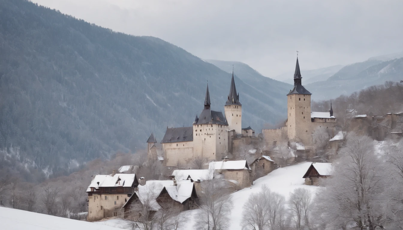 1 day in winter,A small village in the mountains,Spring is approaching,wanting、You can see a medieval castle in the distance