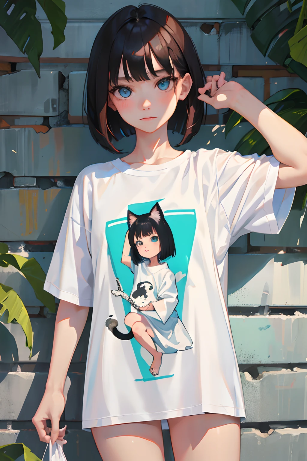 （​masterpiece，Highest Quality），()，((Long white T-shirt with cat print，Thin dress))，(A dark-haired，Medium bob)，Turquoise eyes，embarrassed from，sleepy expression，Delicate body