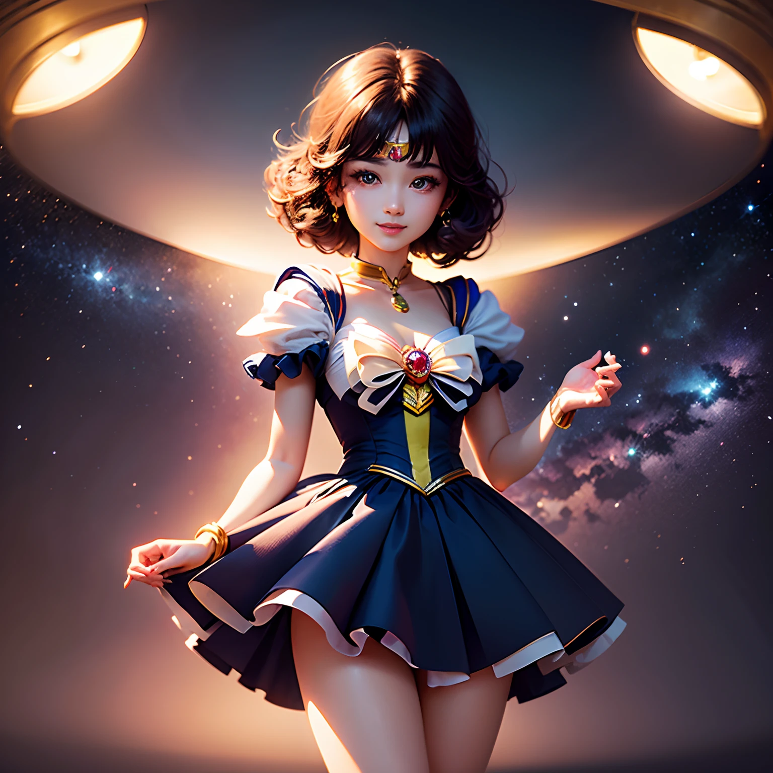 masterpiece、top-quality、ultra-detailliert、(Chibi Chara's Daughter:1.2)、Extreme Detail CG Unity 8K Wallpapers、masterpiece、top-quality)、(exquisite lighting and shadow、highly dramatic picture、Cinematic lens effect)、(sailormoon:1.3)、A charming smile、double tails、dynamicposes)、The background is space(excellent details、Outstanding lighting、wide angles)、(Excellent rendering、Enough to stand out in its class)、