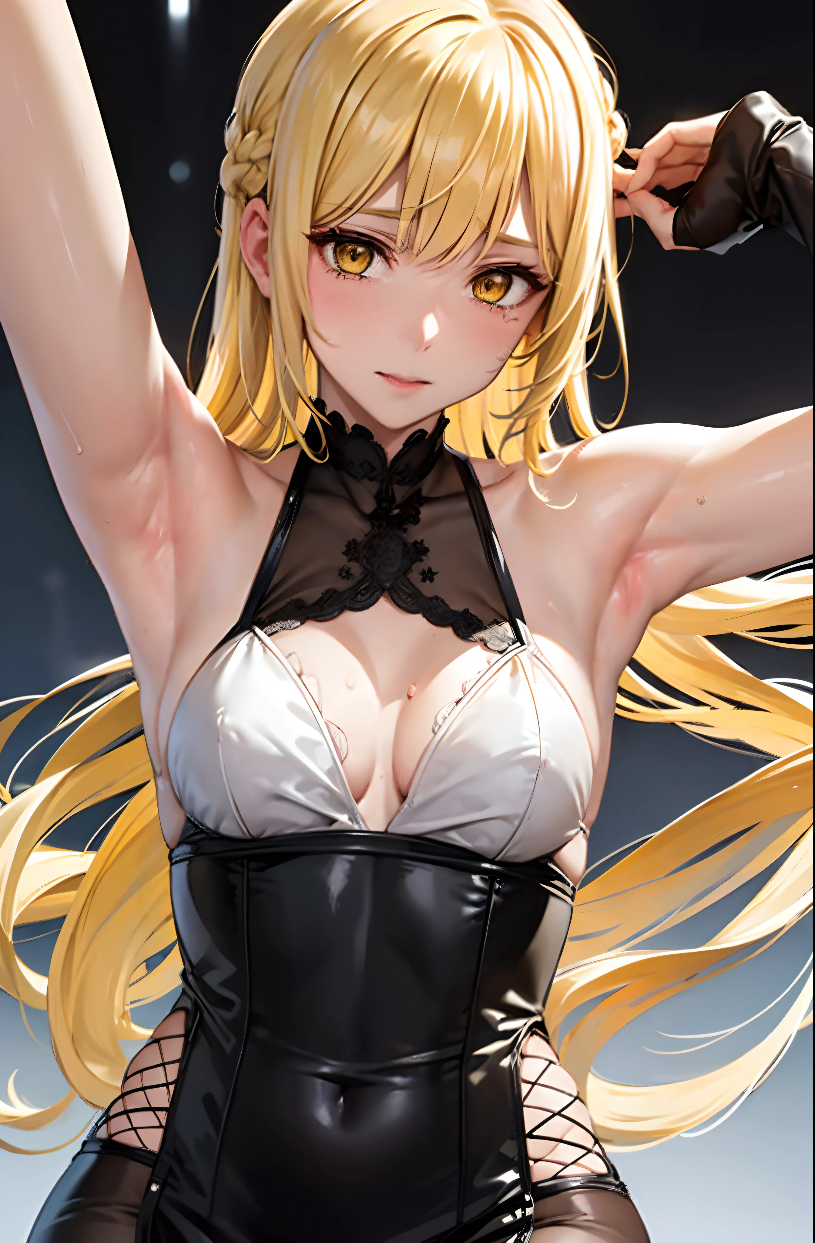 (Behind Wallenstein,Yellow hair,Long hair,Yellow eyes ),Detailed Focus:1.3, masutepiece, Best Quality, 1womanl,Shot from the side of a woman,Slender face,slender physique, Looking at Viewer, Cute, medium breasts, Beautiful detailed eyes, detailed armpit,detailed hairs,embarrassed:04,is crying:0.9,with arms up,Armpit, full of sweat,((Armpit close-up:1.5)), robe blanche,Late night toilet background, ((mistress, Authority)),Black Dress