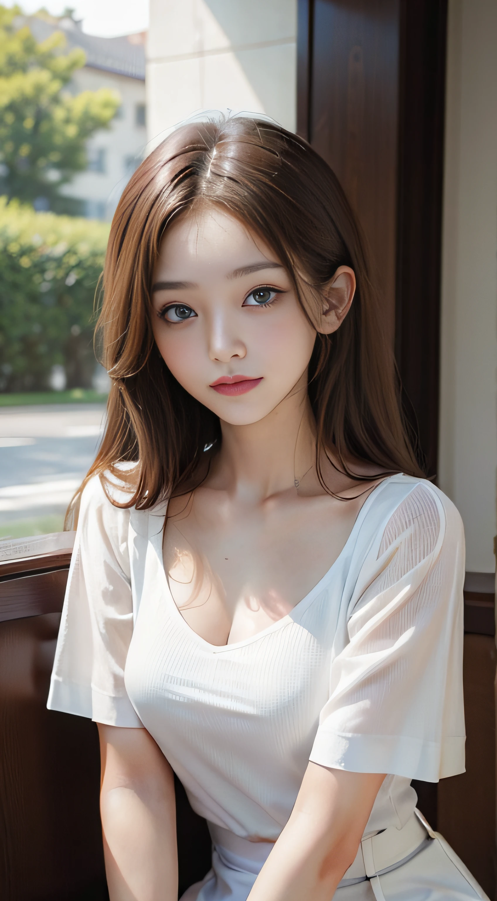 masterpiece、Top image quality:1.2、((beautiful young woman with))、Transparent skin:1.2、{A slight smil}、(kawaii)、Short sleeve knit、luxury hotel、depth of fields