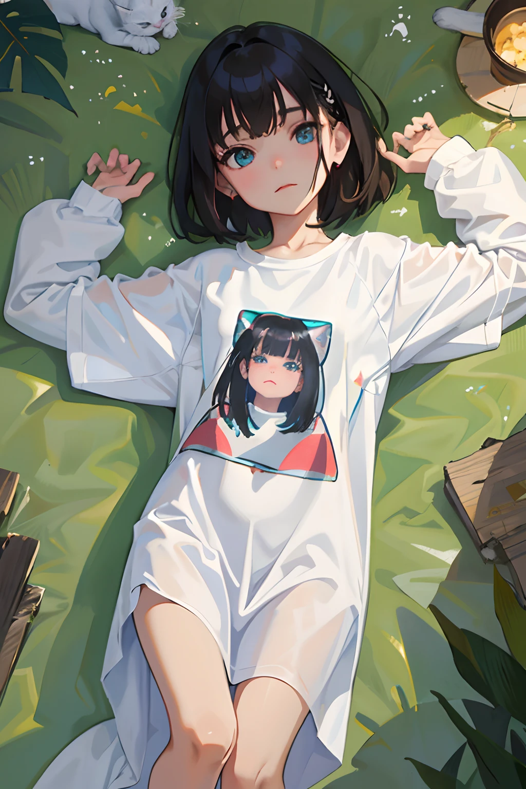 (masterpiece,Highest Quality),(child),((Long white T-shirt with cat print,Thin dress)),(A dark-haired,Medium bob),Turquoise eyes,embarrassed from,sleepy expression,Delicate body