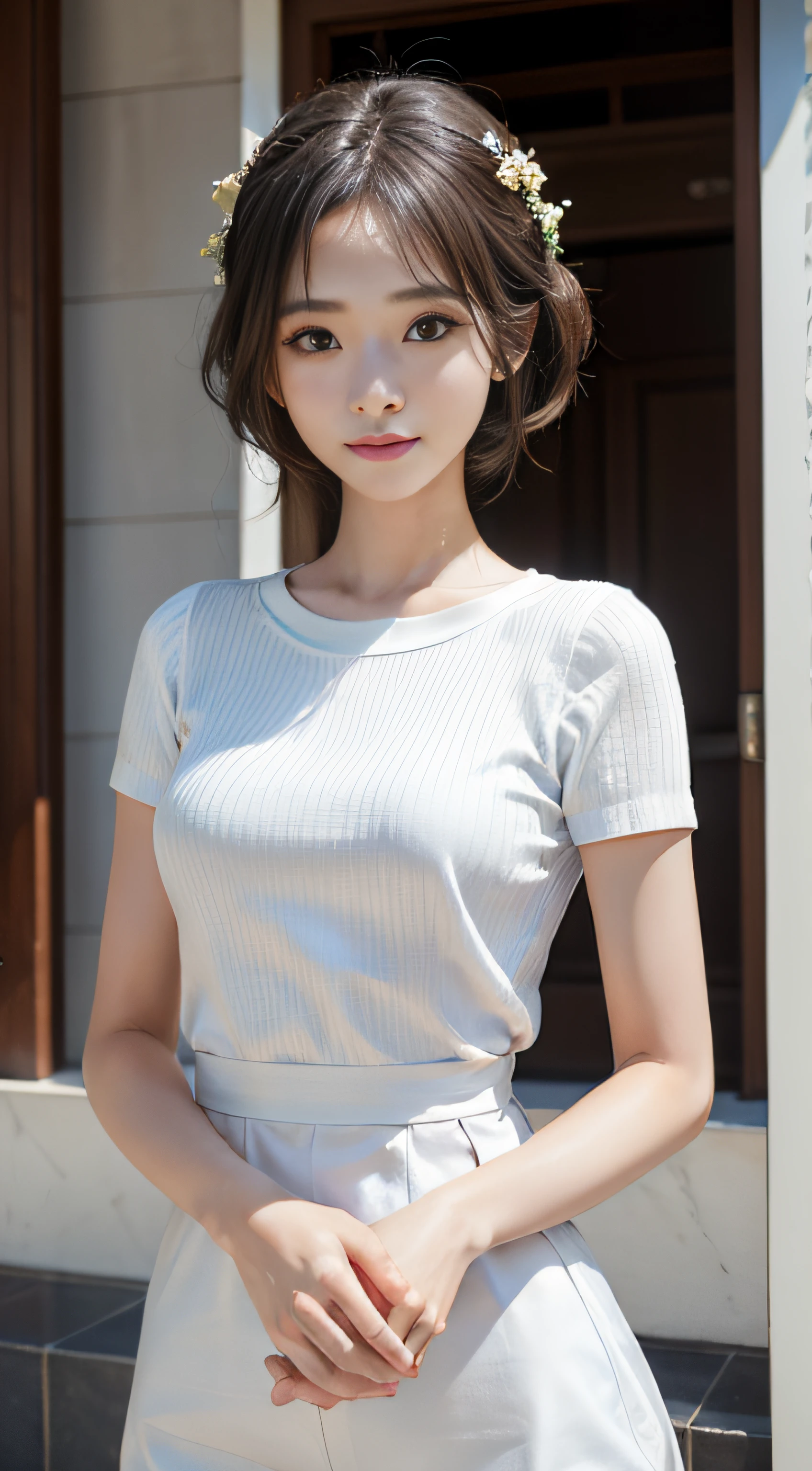 ​masterpiece、Top image quality:1.2、((beautiful young woman with))、Transparent skin:1.2、{A slight smil}、(kawaii)、Short sleeve knit、luxury hotel、depth of fields、Sharp Focus、Fine details