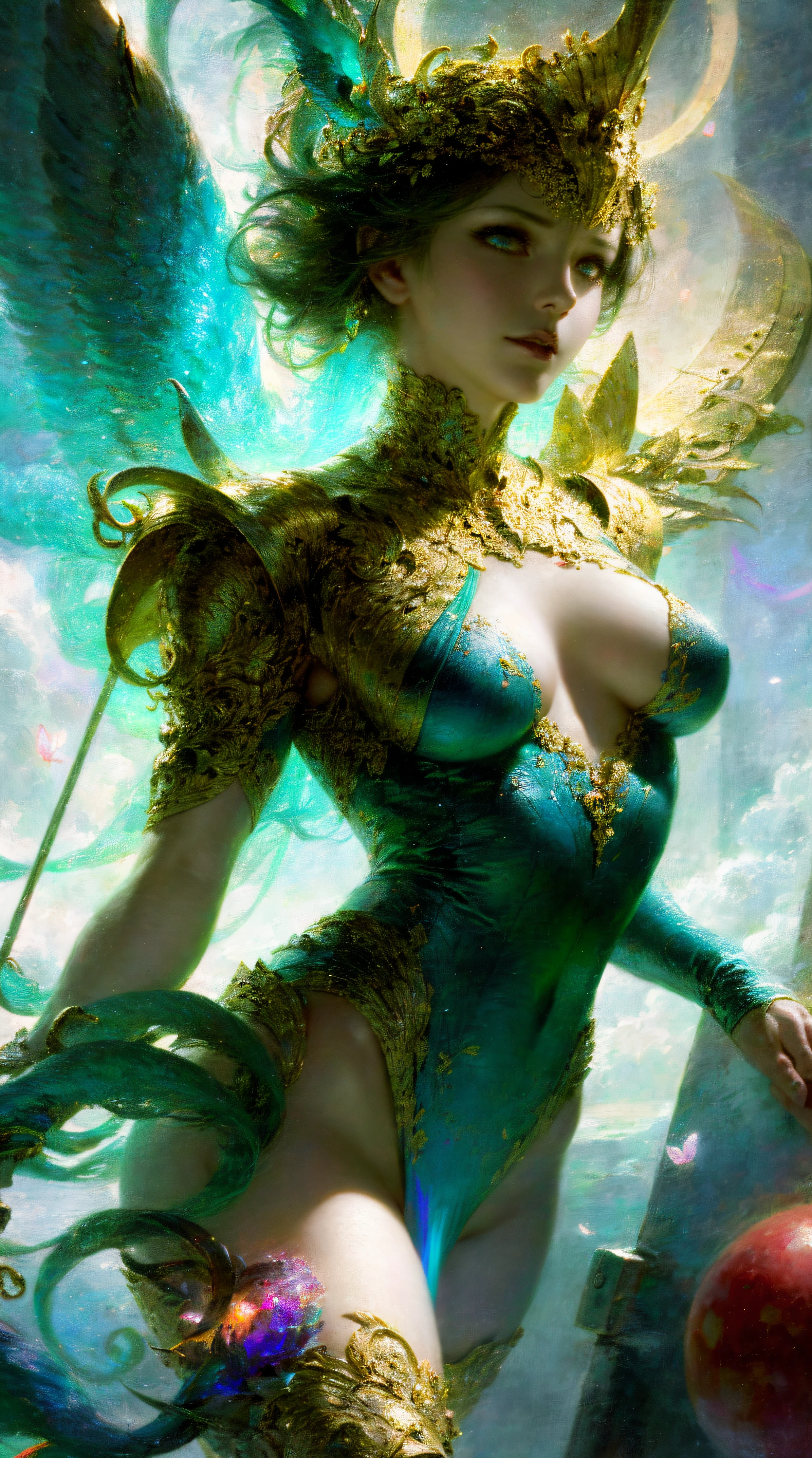 (((Masterpiece))), (((Best quality))), ((Ultra-detailed)),(Highly detailed CG illustration), ((An extremely delicate and beautiful)),Cinematic light, Create stunning fantasy artwork,Imitate the style of the currently popular genre masters. The artwork should contain elements of mythological fantasy and fairy tale fantasy,And with a fantastic rainbow accent. ((Use the rainbow as the main color scheme.)) The character in the work is a delicate but strong petite character,Has an aura of mystery and magic, (Beautiful translucent rainbow wings). Pay close attention to intricate facial features, For example, captivating eyes with bright colors and bold shadows. The character's clothes should be designed with gossamer feathers, Silk, Amazing embroidery, and subtle iridescent details. merging (((Translucent rainbow))), Dreamy colors, Dynamic lighting, and detailed background elements,Create a sense of awe and immersion. These include colorful flying magical birds and jewel-hued rainbow butterflies that exude magical halos. Consider the latest trends in fantasy art, such as incorporating unique lighting effects, Explore dynamic and compelling compositional techniques, And try a unique color palette. Take inspiration from top artists on ArtStation and Midjourney. camera: Choose an angle that highlights the beauty of the characters and enhances the magical majesty of the artwork. lighting: Create depth and atmosphere with atmospheric lighting technology. Resolution: Aim for high-resolution artwork,to showcase intricate detail and clarity. Artistic inspiration: Get inspiration from popular artists on ArtStation, Explore different styles, genre, and the theme.