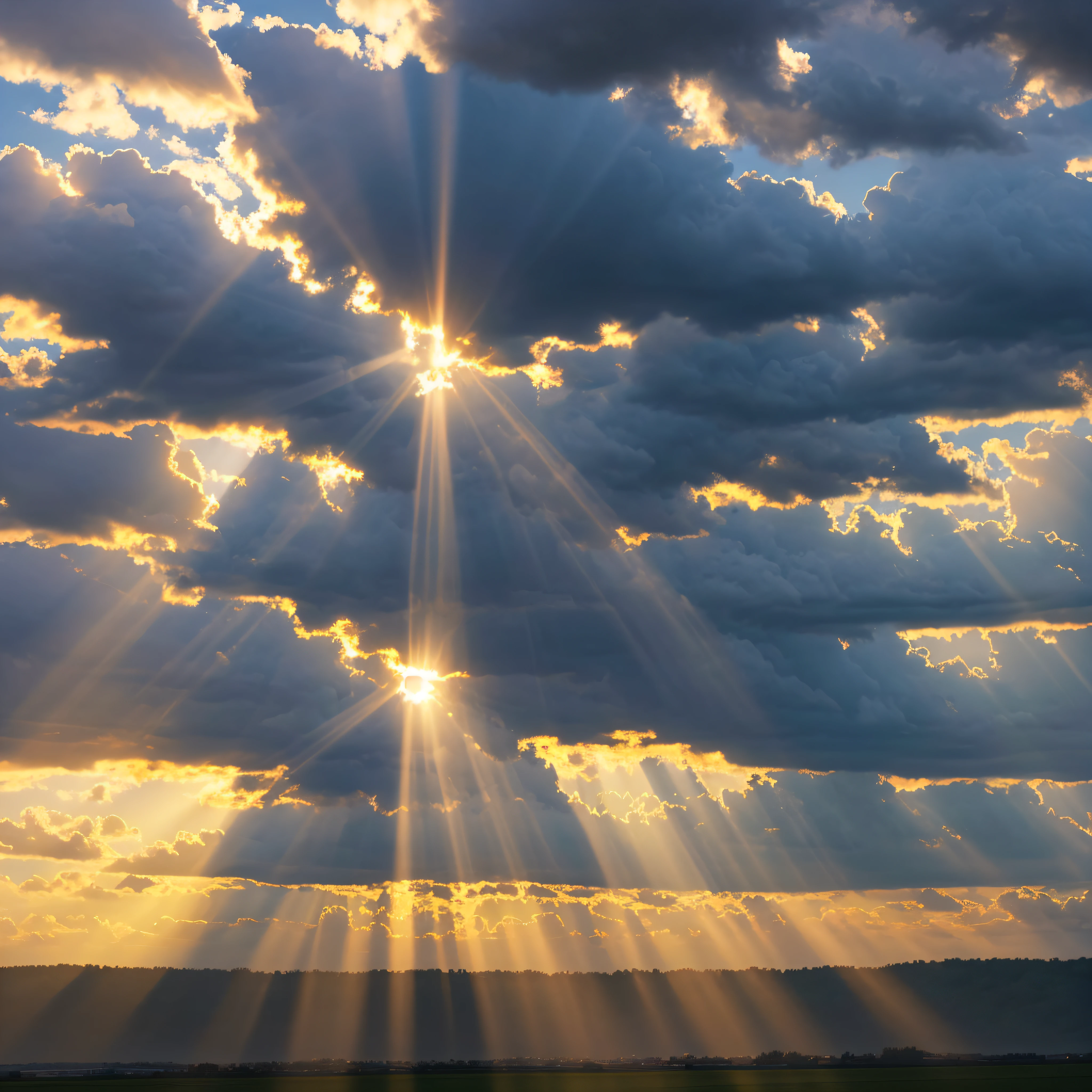 Crepuscular Rays: Radiant sunbeams piercing through clouds.