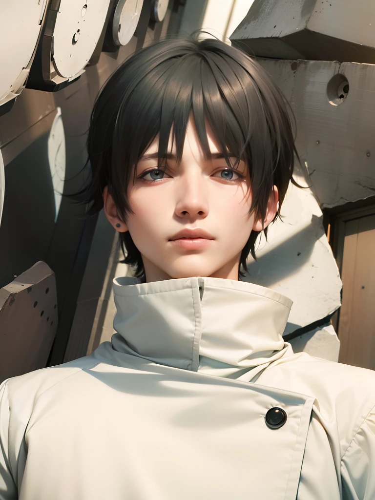 masculine male, masterpiece, ((perfect eyes)) best quality, (semirealism:1.9), beautiful lighting, (extremely detailed CG unity 4k fhd wallpaper), High Detail, Sharp focus, dramatic outdoors, 1 boy ,19 years old, white hair, light purpel eyes, smile.