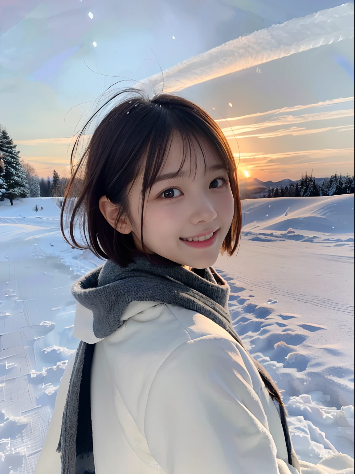 (Close up portrait of slender girl with short hair in winter uniform with white winter coat and gray scarf :1.5)、(The girl looks back with a happy face:1.5)、(Girl's hair fluttering in the wind:1.5)、(Big sunset red sky covered with beautiful snow:1.5)、(Perfect Anatomy:1.3)、(No mask:1.3)、(complete fingers:1.3)、Photorealistic、Photography、masutepiece、top-quality、High resolution, delicate and pretty、face perfect、Beautiful detailed eyes、Fair skin、Real Human Skin、pores、((thin legs))、(Dark hair)