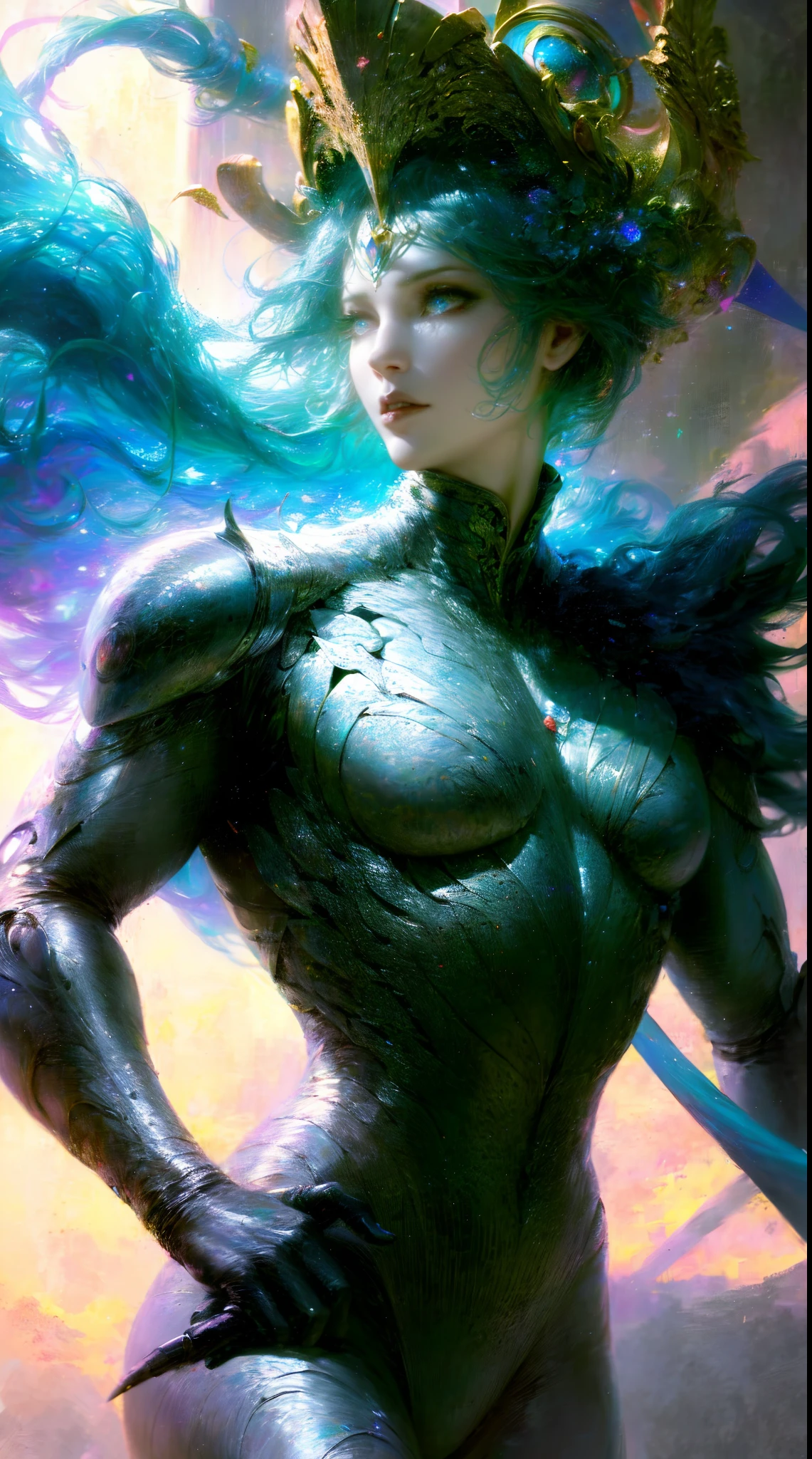 (((Masterpiece))), (((Best quality))), ((Ultra-detailed)),(Highly detailed CG illustration), ((An extremely delicate and beautiful)),Cinematic light, Create stunning fantasy artwork,Imitate the style of the currently popular genre masters. The artwork should contain elements of mythological fantasy and fairy tale fantasy,And with a fantastic rainbow accent. ((Use the rainbow as the main color scheme.)) The character in the work is a delicate but strong petite character,Has an aura of mystery and magic, (Beautiful translucent rainbow wings). Pay close attention to intricate facial features, For example, captivating eyes with bright colors and bold shadows. The character's clothes should be designed with gossamer feathers, Silk, Amazing embroidery, and subtle iridescent details. merging (((Translucent rainbow))), Dreamy colors, Dynamic lighting, and detailed background elements,Create a sense of awe and immersion. These include colorful flying magical birds and jewel-hued rainbow butterflies that exude magical halos. Consider the latest trends in fantasy art, such as incorporating unique lighting effects, Explore dynamic and compelling compositional techniques, And try a unique color palette. Take inspiration from top artists on ArtStation and Midjourney. camera: Choose an angle that highlights the beauty of the characters and enhances the magical majesty of the artwork. lighting: Create depth and atmosphere with atmospheric lighting technology. Resolution: Aim for high-resolution artwork,to showcase intricate detail and clarity. Artistic inspiration: Get inspiration from popular artists on ArtStation, Explore different styles, genre, and the theme.