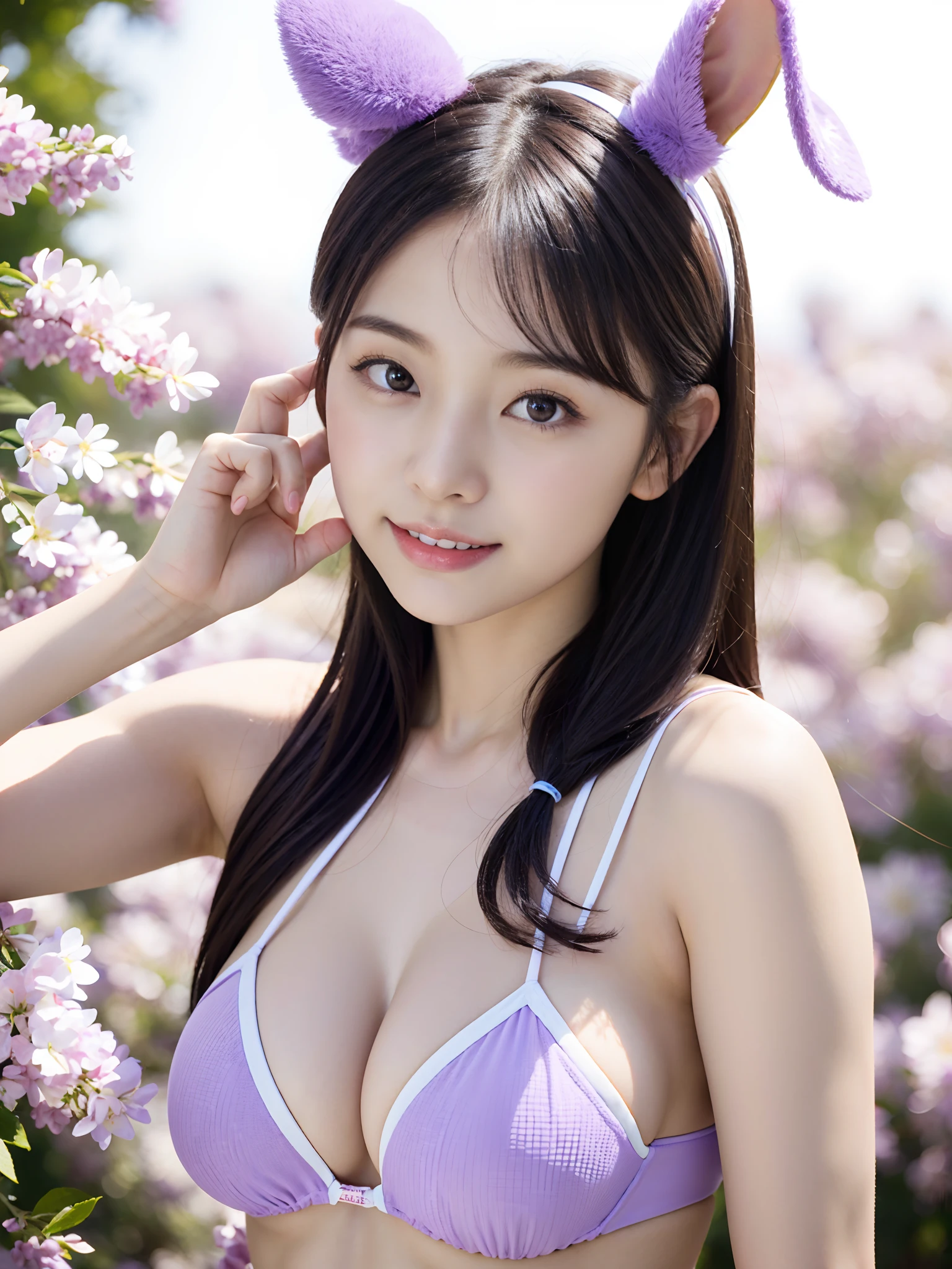 silber hair、Ala Fed Asian Woman Taking Photo in Lilac Bikini, Young Pretty Gravure Idol, Young Gravure Idol, Realistic Young Gravure Idol, 奈良美智, shikamimi, cute - fine - face, mayuri shiina, cute seductive smile, 8K)), Young skinny gravure idol、sensual face、sensual bodies、Huge breasts、Rabbit eared headband、