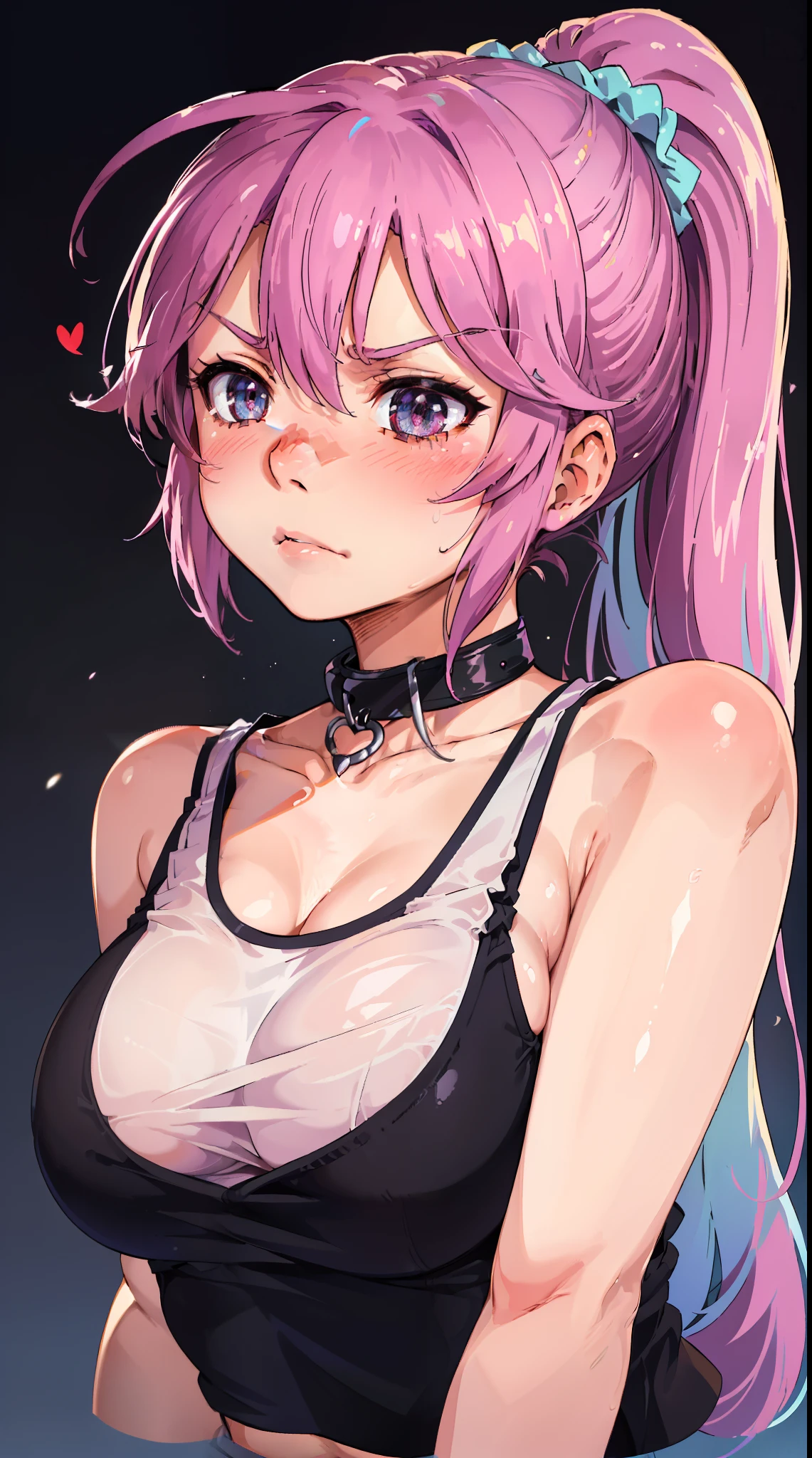 Jibril, ((upper body)), blushed, perfect anatomy, detailed eyes, detailed lips, extremely detailed eyes and face, vivid colors, sharp focus, masterpiece:1.2, ultra-detailed, blushed, ((doggystyle)), (solo), ((cropped tank top)), sleeveless, ((((ponytail)))), (((disdain, disgust))), ((black collar))