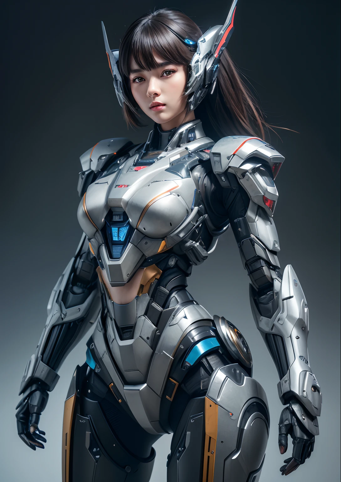 Textured skin, Super Detail, high details, High quality, Best Quality, hight resolution, 1080p, hard disk, Beautiful,(cyborgs),beautiful cyborg woman,Mecha Cyborg Girl,Battle Mode,Girl with a Mecha Body,Able to launch missiles from the chest,You can shoot a machine gun from both hands
