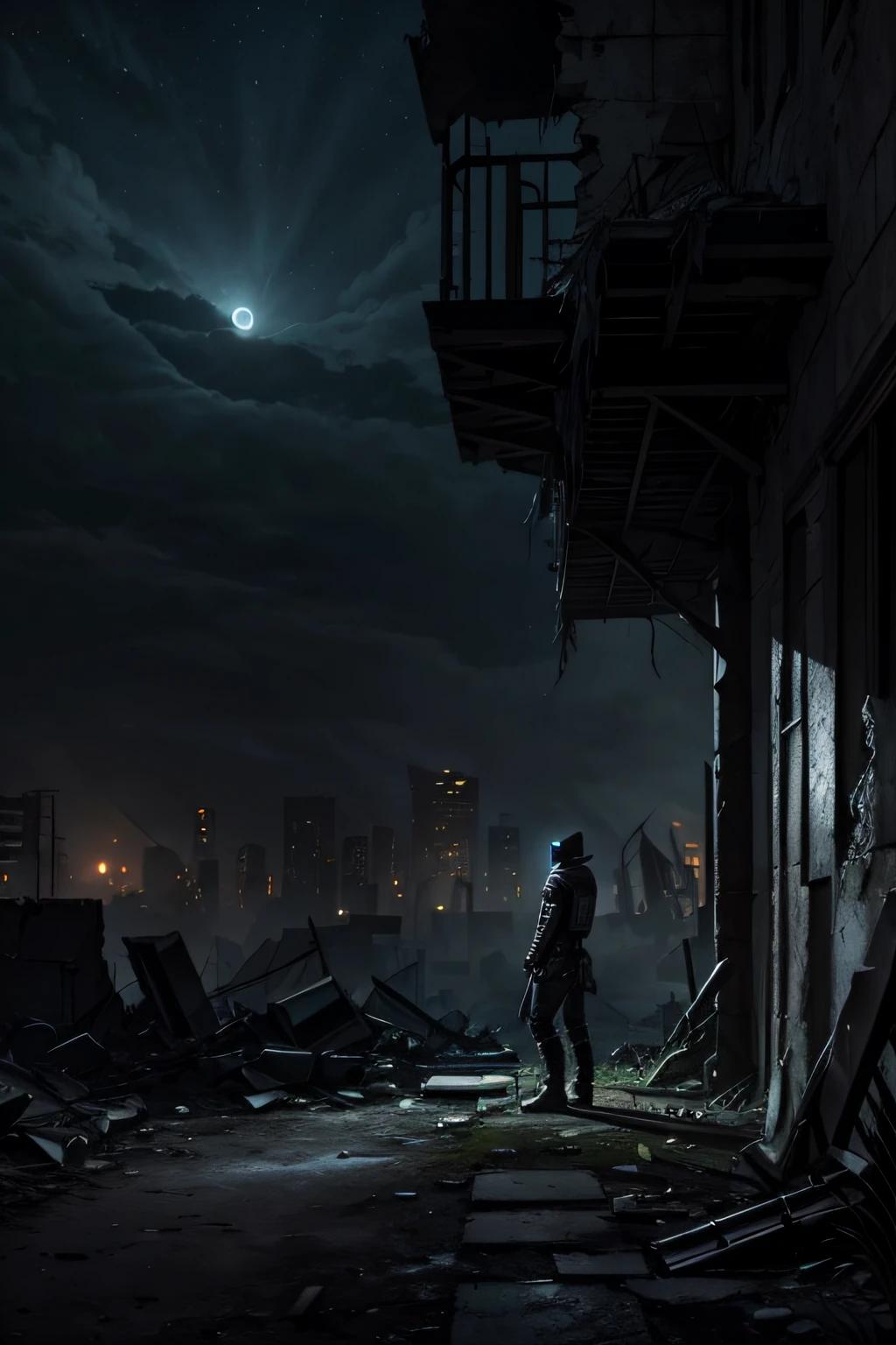 (side view, ruins, darkness, night, post apocalyptic), menacing phantom fighting with a ghost hunter