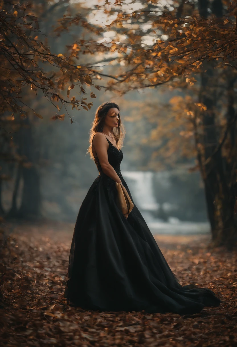 mulher negra, elegante, vivid colors, Atmospheric,sereno,lua cheia brilhante ao lado direito, Magic, elegante, Borboletas,lua cheia, flores florescendo, em movimento, Dramatic, corpo inteiro, organic composition,Foto bruta Magic