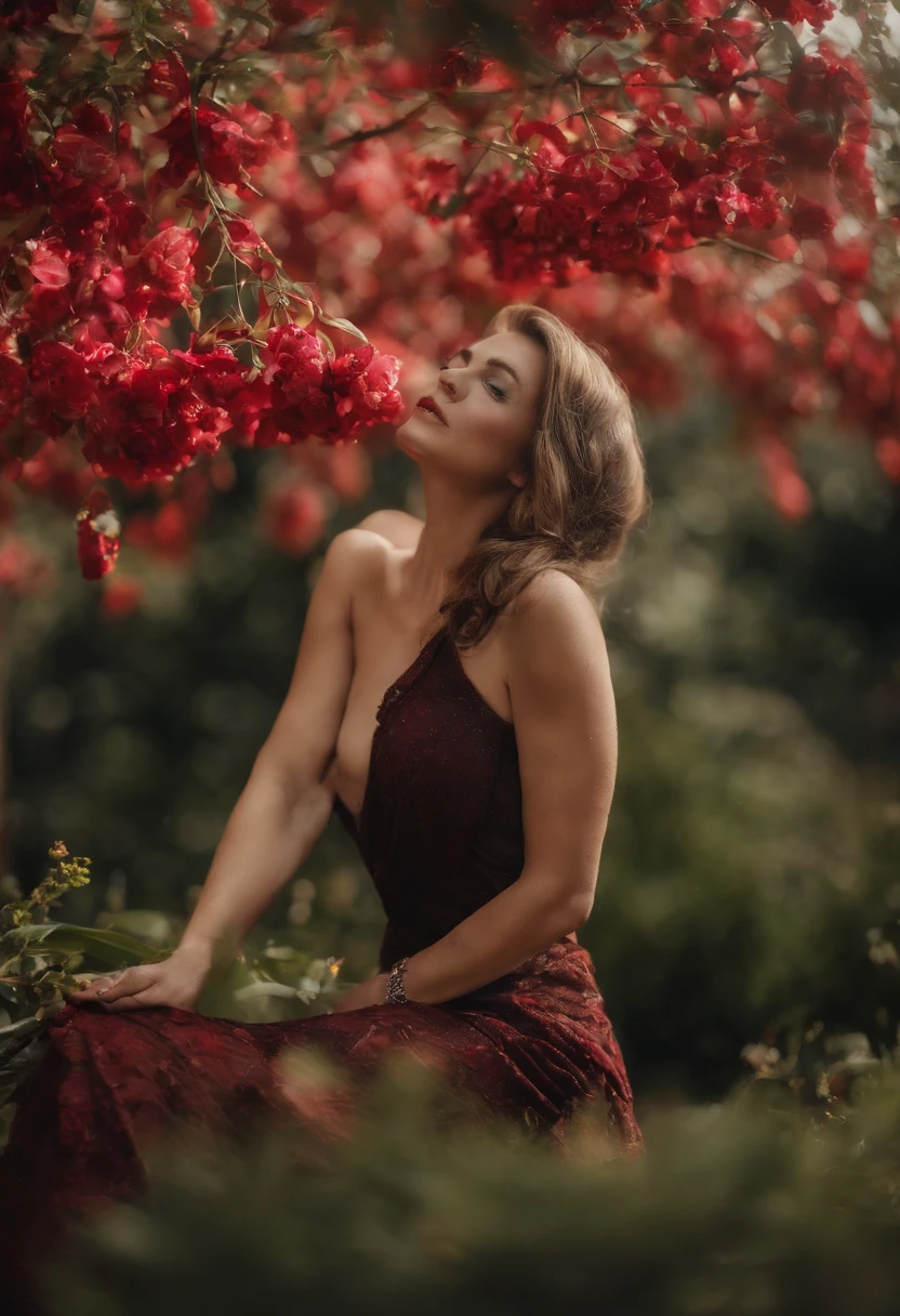 mulher negra, elegante, vivid colors, Atmospheric,sereno,lua cheia brilhante ao lado direito, Magic, elegante, Borboletas,lua cheia, flores florescendo, em movimento, Dramatic, corpo inteiro, organic composition,Foto bruta Magic