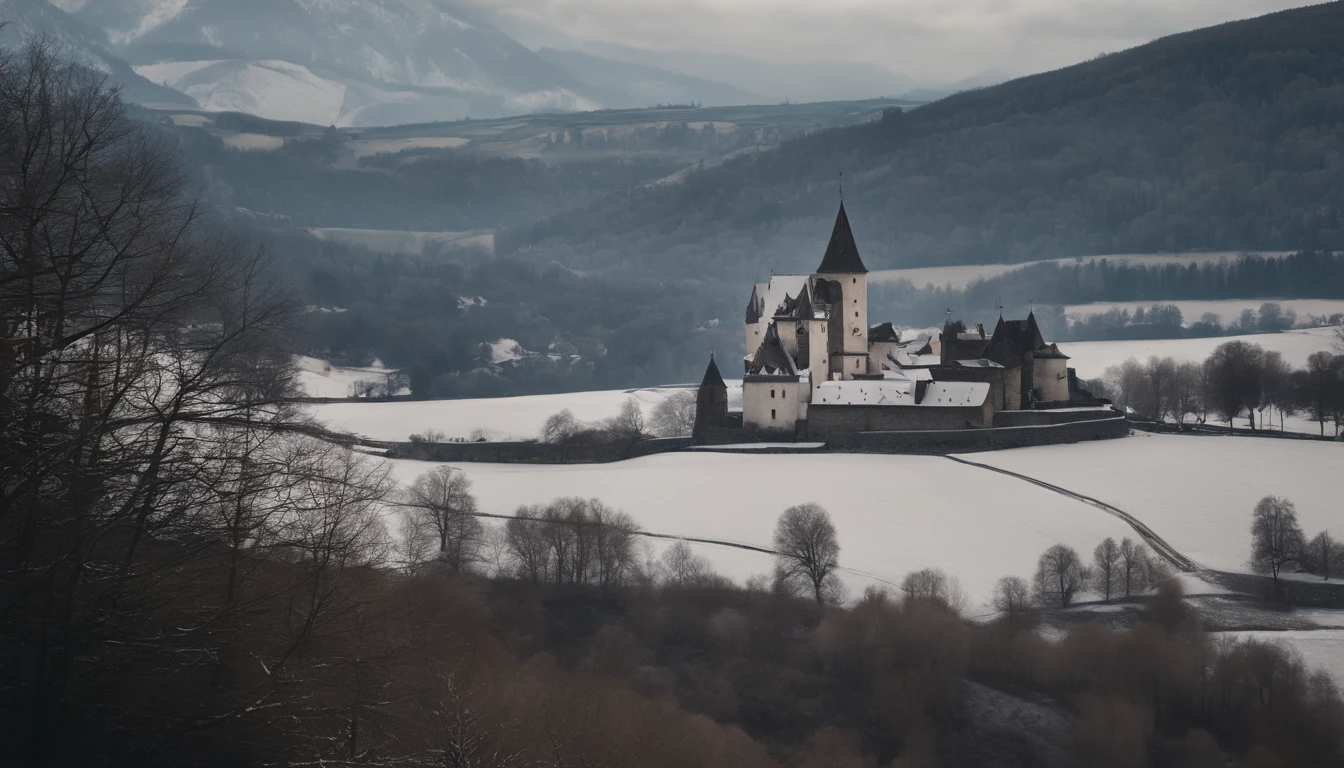 1 day in winter,A small village in the mountains,Spring is approaching,wanting、You can see a medieval castle in the distance
