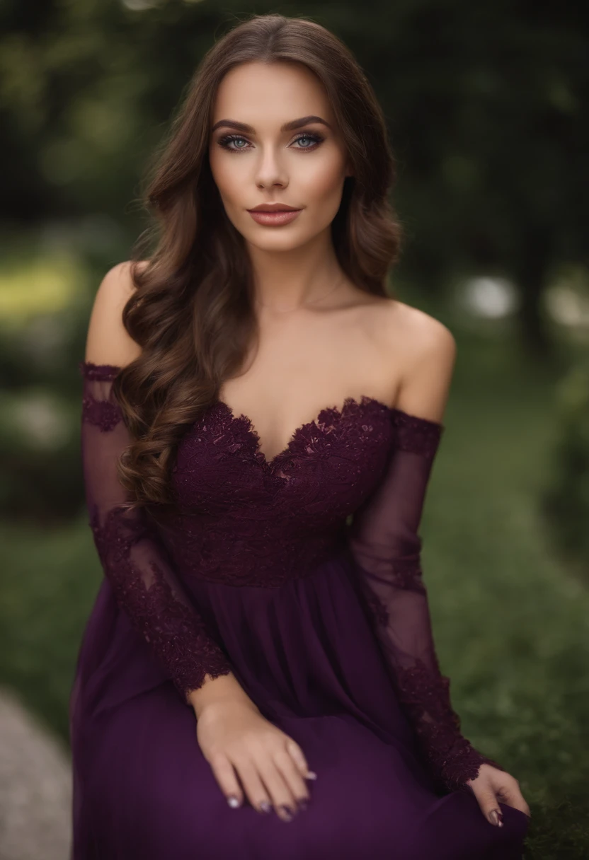 Arafed Frau mit Kleid, Sexy girl with green eyes, portrait sophie mudd, brown hair and big eyes, Selfie einer jungen Frau, Violet Myers, ohne Make-up, Natural makeup, Blick direkt in die Kamera, Gesicht mit Artgram, dezentes Make-up, Stunning full body shot, piercing green eyes, stehend an der Promenade, posierend, Kleid,