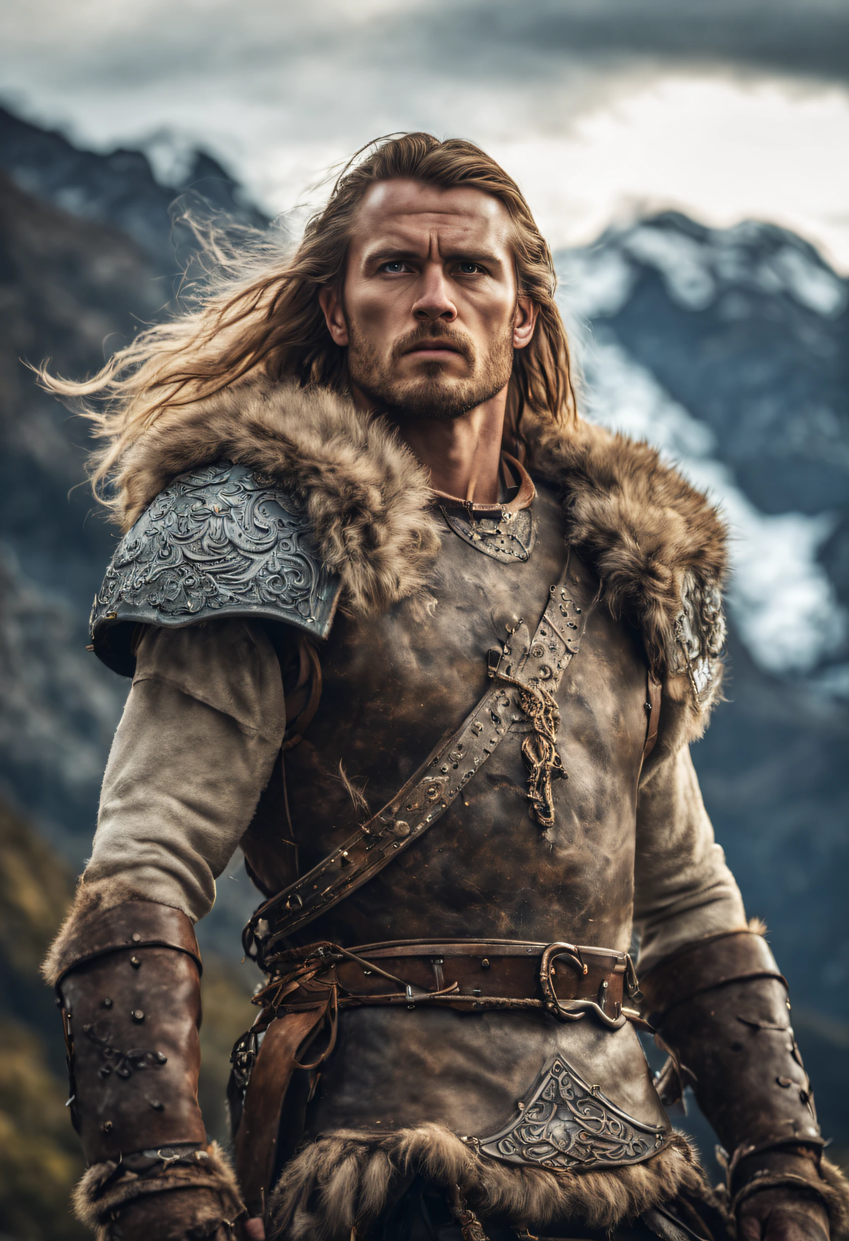 a mid portrait photo of Nordic warrior standing tall, with long hair and breaded, strong body, the background is a Scandinavian mountain, clean face, wearing fur armour, realistic textured eyes, (high detailed skin:1.2),8k uhd, dslr, soft lighting, high quality