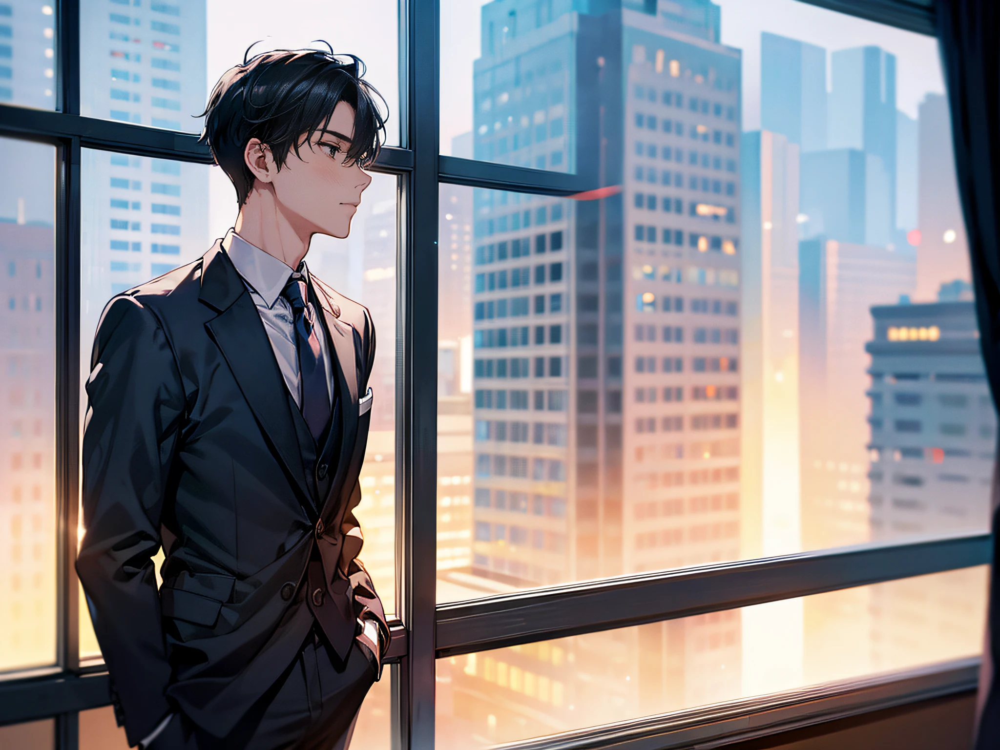 1boy, face focus, adult, business suit, jacket, white shirt, necktie, pants, best quality, hires, detailed face, office, buildings from window, detailed background, diffused sunlight, depth of field, bokeh