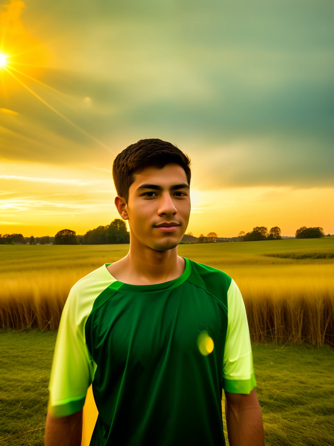arafed man standing in front of a field of green grass, around 1 9 , with accurate face, without helmet, very very low quality picture, during sunset, in front of a forest background, very clear picture, in a open green field, in a field, wide - angle portrait, distant photo, portait photo profile picture, potrait