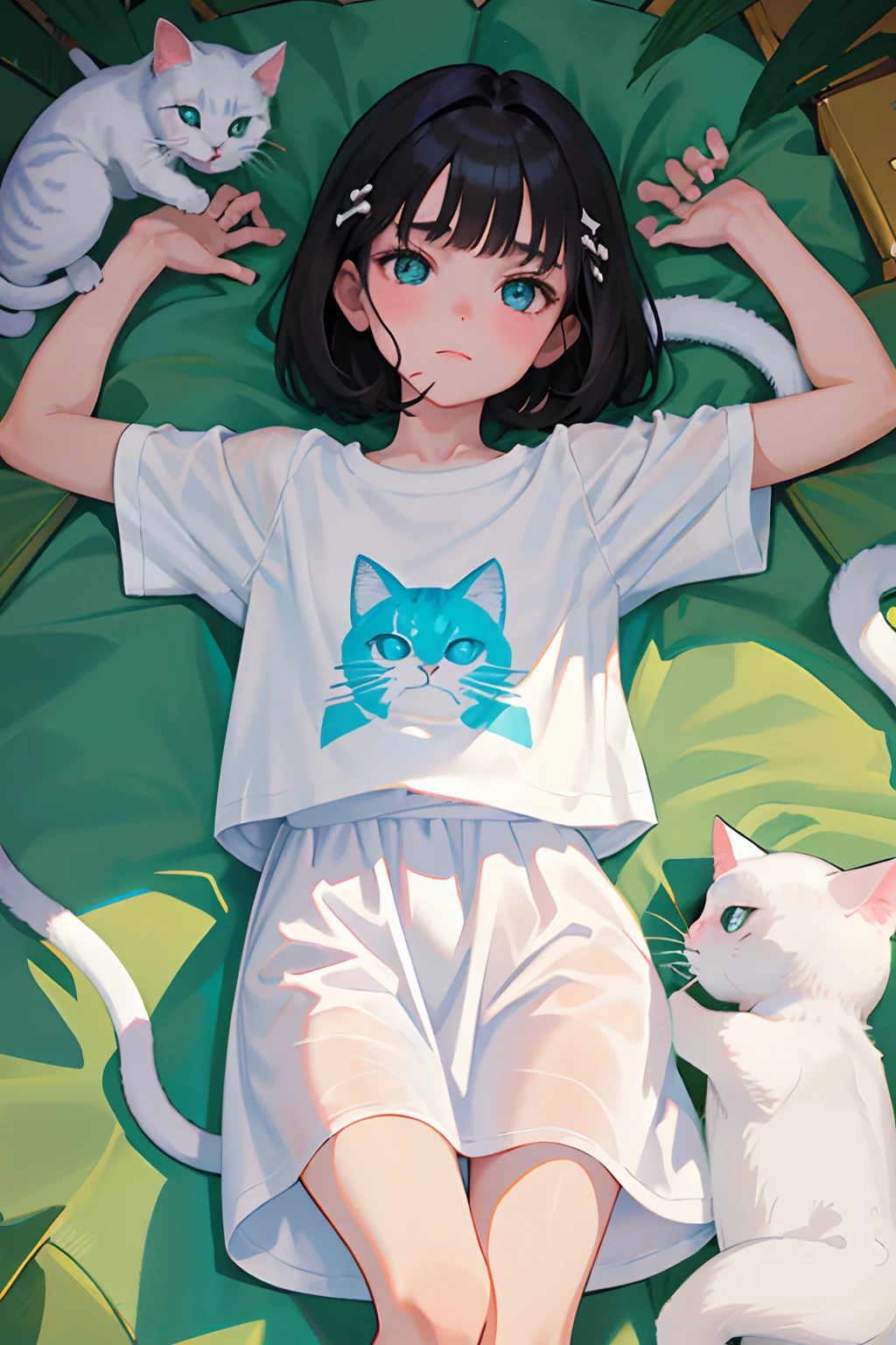 （​masterpiece，Highest Quality），()，((Long white T-shirt with cat print，Thin dress))，(A dark-haired，Medium bob)，Turquoise eyes，embarrassed from，sleepy expression，Delicate body