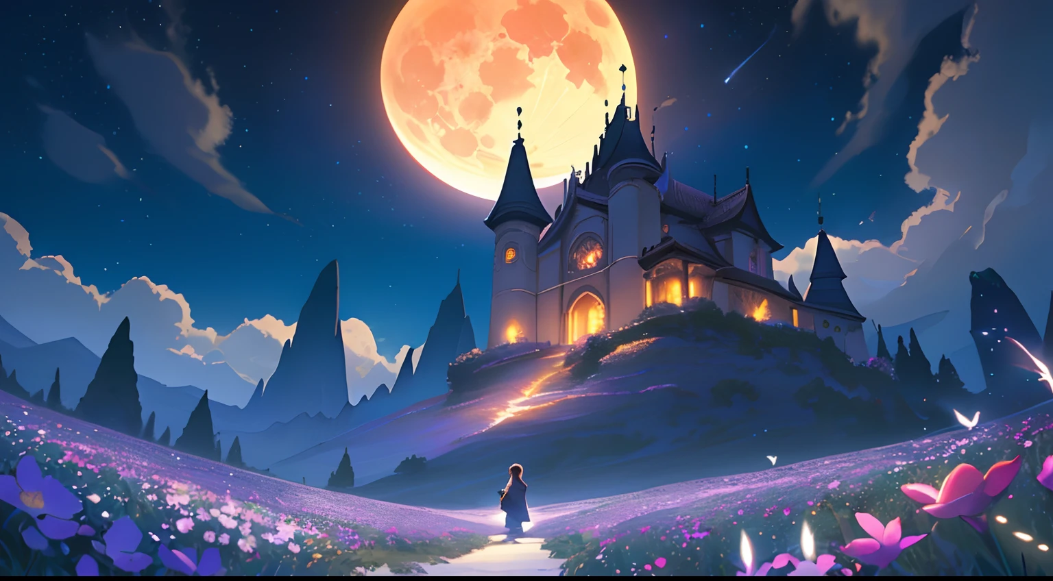 2.5d anime illustration, girl dancing with vanishing clown, fantastic and beautiful full moon night, sad night, mansion in the forest background, atmosphere nearing the last minute, smooth and flawless skin, very intricate detailed texture, very intricate detailed detail, extremely highest quality, highest quality, best quality, absurd resolution, (creates a very realistic texture:1.2),