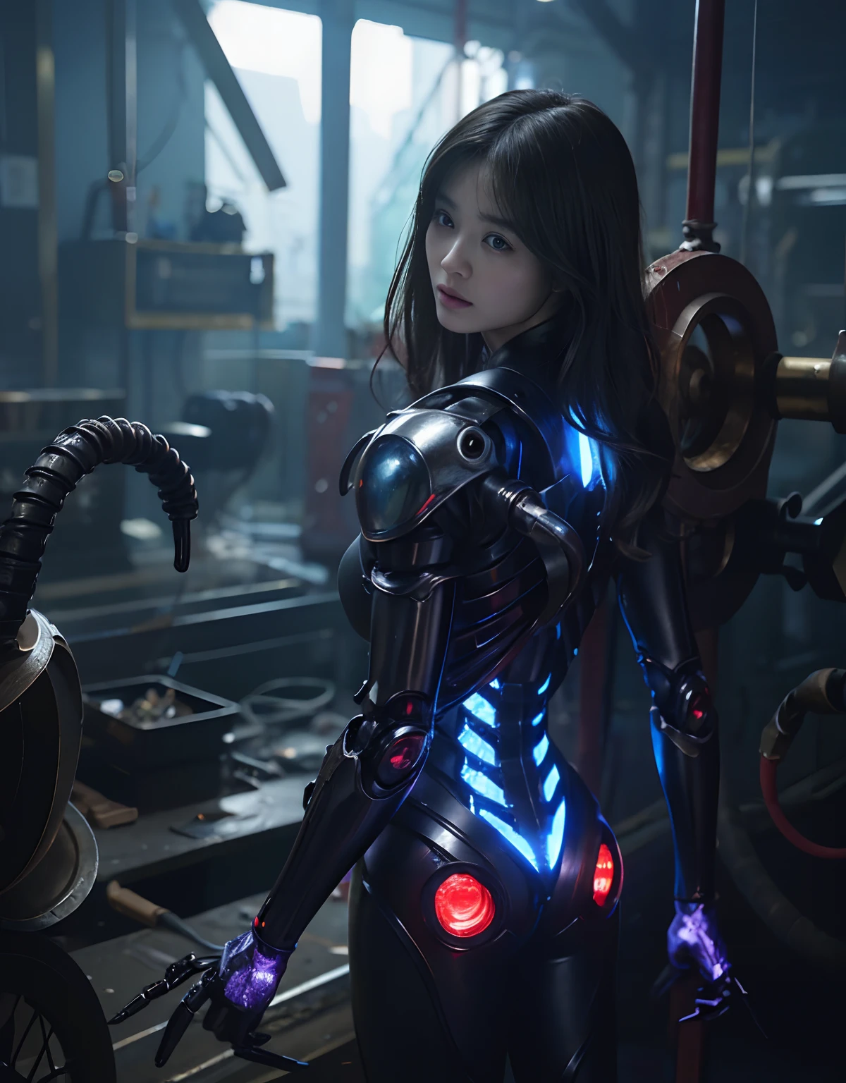 (1 Mechanical Girl)、top-quality、masterpiece、超A high resolution、(Photorealsitic:1.4)、Raw photo、女の子1人、Fight mutants、glowy skin、(((1 Mechanical Girl)))、With a beautiful knife、(Blue Metal Bodysuit)、(Fight fiercely against aliens)、Fight fiercely、(beautiful forest background)、(Fighting Demonic Beasts)、(Small LED)、((super realistic details))、portlate、(Strong giant demon beast background),globalillumination、Shadow、octan render、8K、ultrasharp、Colossal tits、Raw skin is exposed in cleavage、metals、Details of complex ornaments、Japan details、highly intricate detail、Realistic light、(Mystical expression),CGSoation Trends、Red Eyes、radiant eyes、Facing the camera、neon details、(Mechanical limbs)、(blood vessels connected to tubes)、Mechanical vertebrae attached to the back、mechanical cervical attaching to neck、(Wires and cables connecting to the head)、Gundam、Small LED、,Mechanical thighs、Toostock、(Hands are also made of machines)、(Attack of the Monster Beasts)、(Wounded in a deadly battle)、