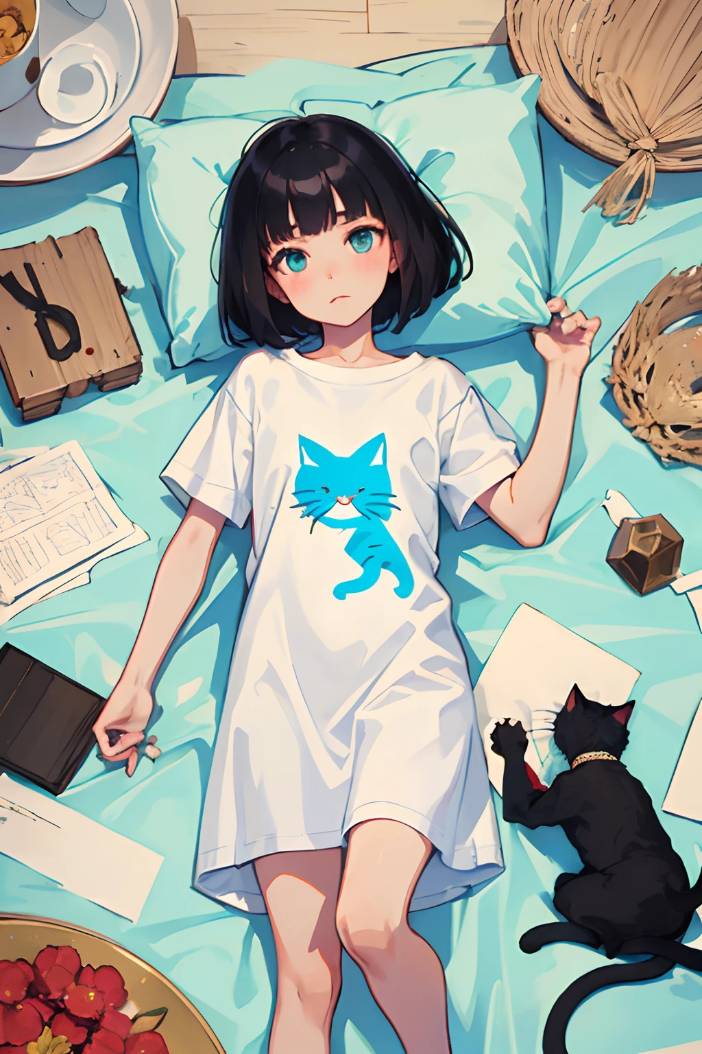 （​masterpiece，Highest Quality），(child)，((Long white T-shirt with cat print，Thin dress))，(A dark-haired，Medium bob)，Turquoise eyes，embarrassed from，sleepy expression，Delicate body