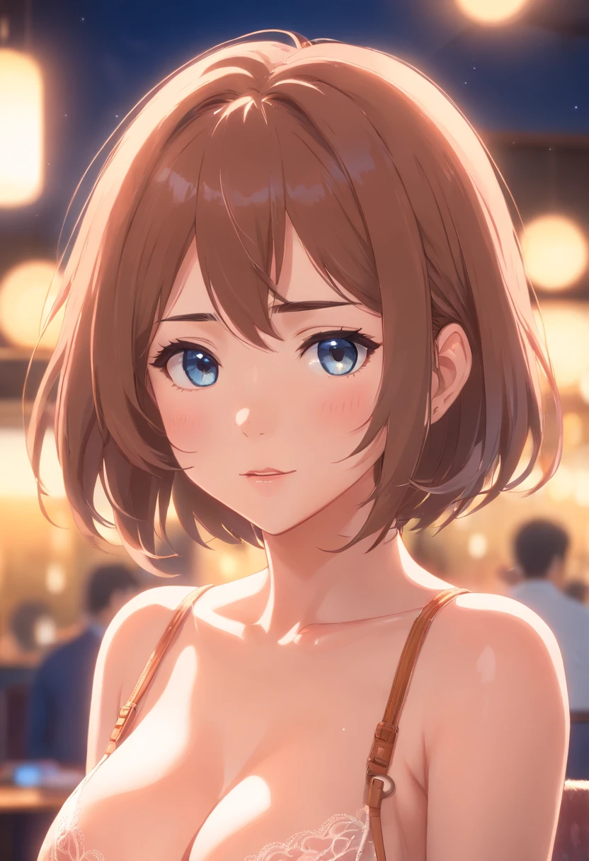 1Beautiful young girl, Super nice detailed face, (slightly opened mouth:1.1), (Sexy Look:1.1), (beautiful big breasts:1.3), ((naked underwear made of transparent lace:1.4), nackte Schultern, nackt tragen, (nackte Brust), side breasts, Schamhaar, Cameltoe-Details, (feines Gesicht:1.2), accessory, Ohrringe, Konzeptkunst, High quality, realistisch, extrem detailliertes CG Unified 8k Hintergrundbild, sehr detailliert, high-definition RAW color photos, Professionelle Fotografie, Realistic portrait, Filmisches Licht, Beautiful detailed, Hohe Detailgenauigkeit, (((bokeh))), depth of fields, Beleuchtung, Hotelbar Lounge,