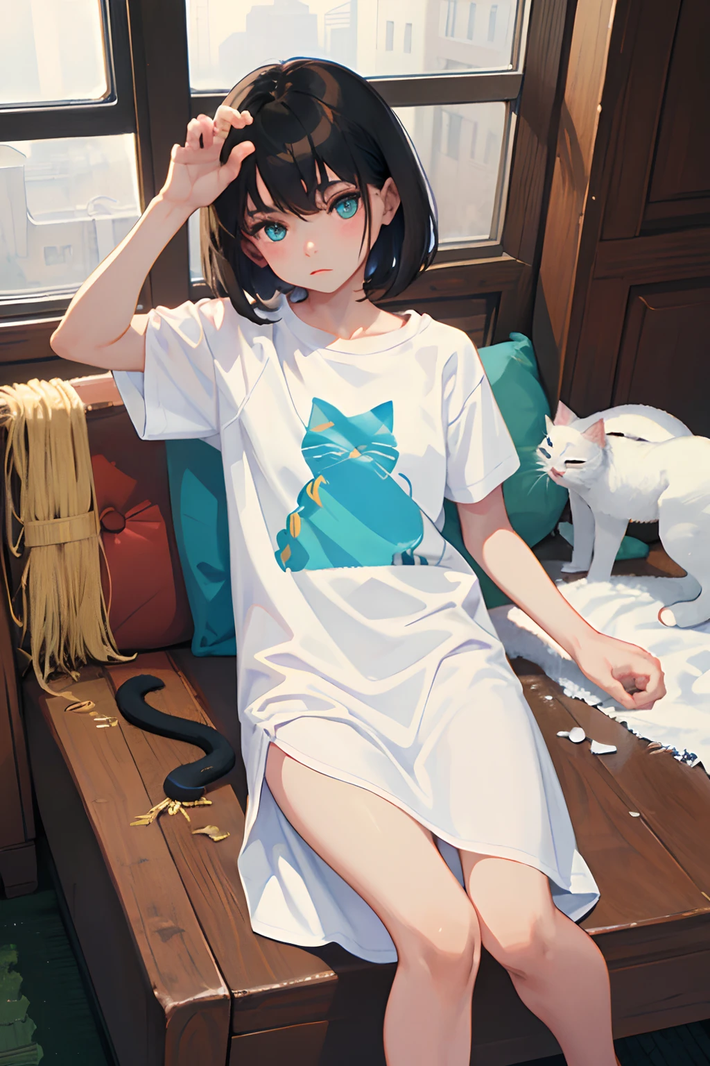 (masterpiece,Highest Quality),(child),((Long white T-shirt with cat print,Thin dress)),(A dark-haired,Medium bob),Turquoise eyes,embarrassed from,sleepy expression,Delicate body