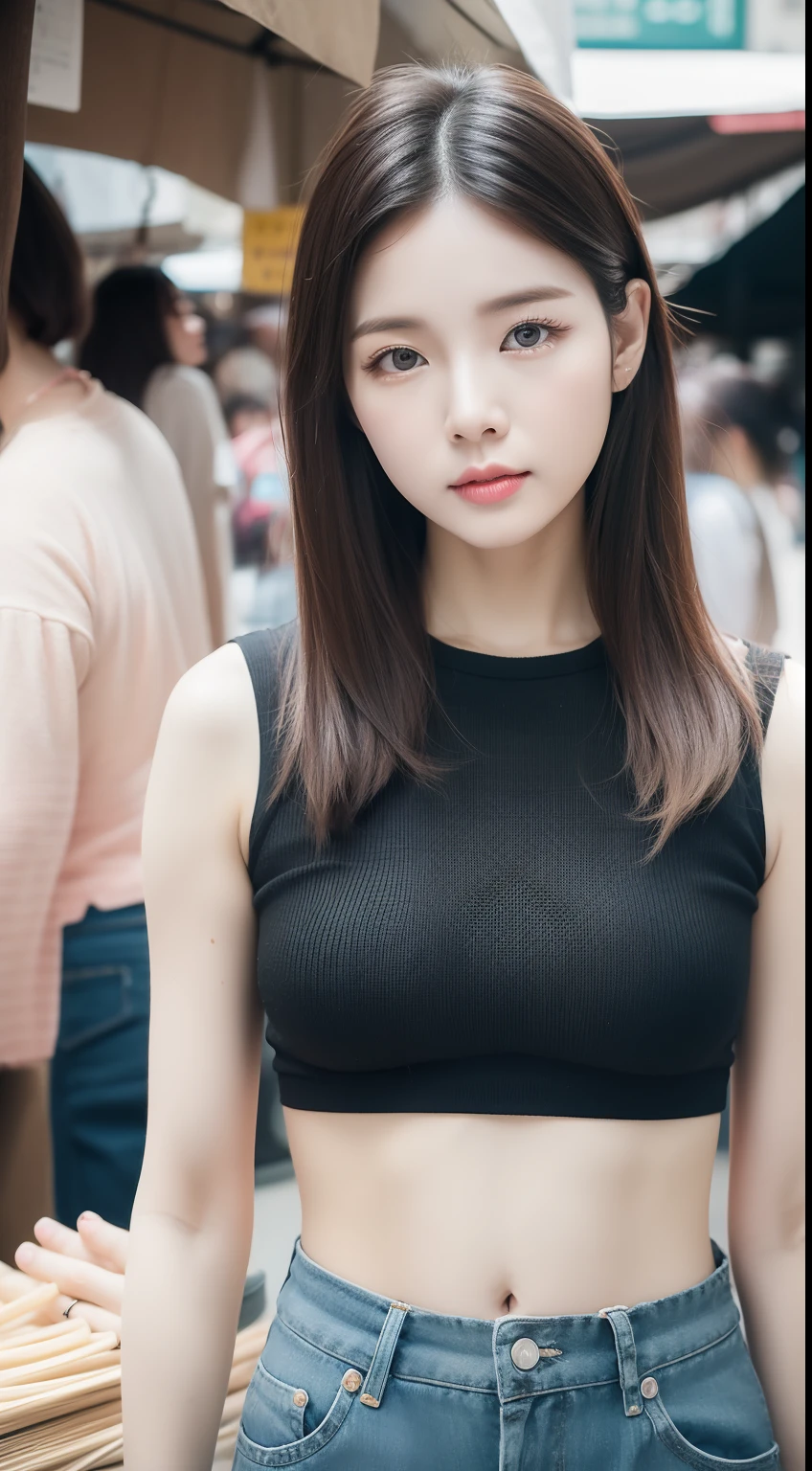 realistic photos of 1 cute Korean star, straight hair, white skin, thin makeup, 32 inch breasts size, wearing black and white crop top, pants, making noodle in market, pastel filter, upper body portrait, UHD