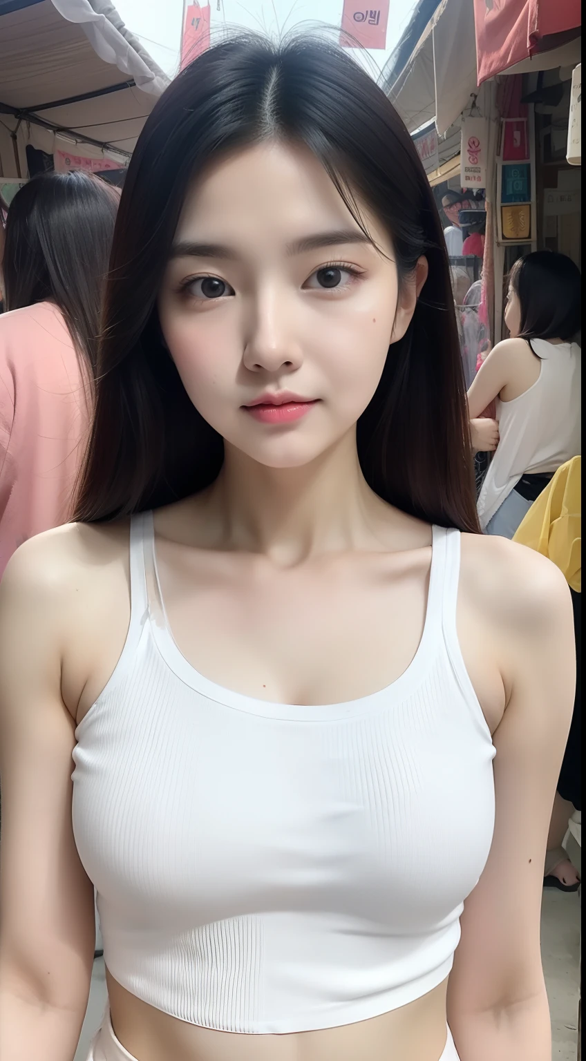 realistic photos of 1 cute Korean star, straight hair, white skin, thin makeup, 32 inch breasts size, wearing black and white crop top, pants, making noodle in market, pastel filter, upper body portrait, UHD