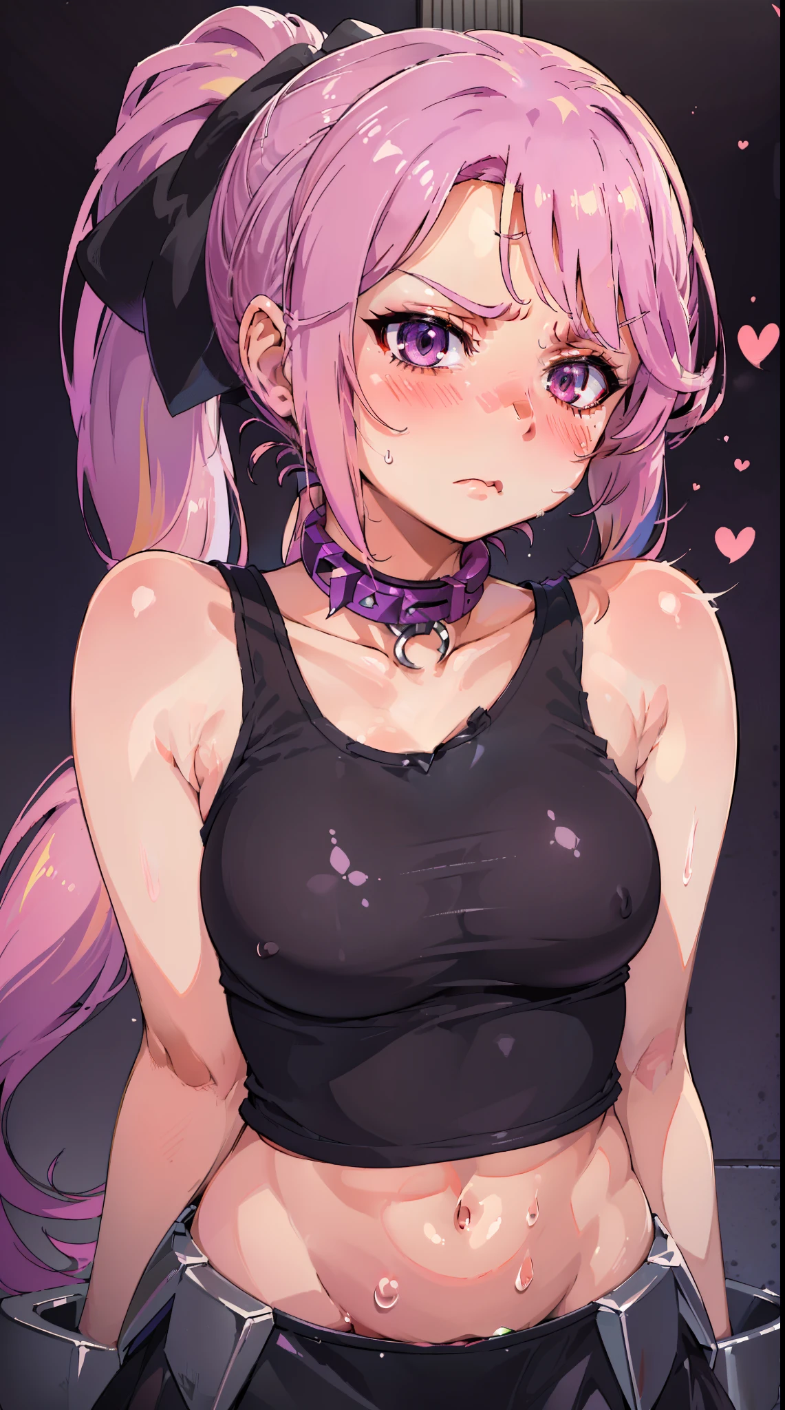 Jibril, ((upper body)), blushed, perfect anatomy, detailed eyes, detailed lips, extremely detailed eyes and face, vivid colors, sharp focus, masterpiece:1.2, ultra-detailed, blushed, ((doggystyle)), (solo), ((cropped tank top)), sleeveless, ((((ponytail)))), (((disdain, disgust))), ((black collar))