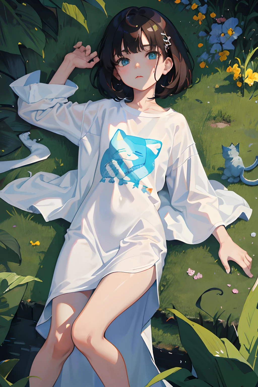 (masterpiece,Highest Quality),(child),((Long white T-shirt with cat print,Thin dress)),(A dark-haired,Medium bob),Turquoise eyes,embarrassed from,sleepy expression,Delicate body