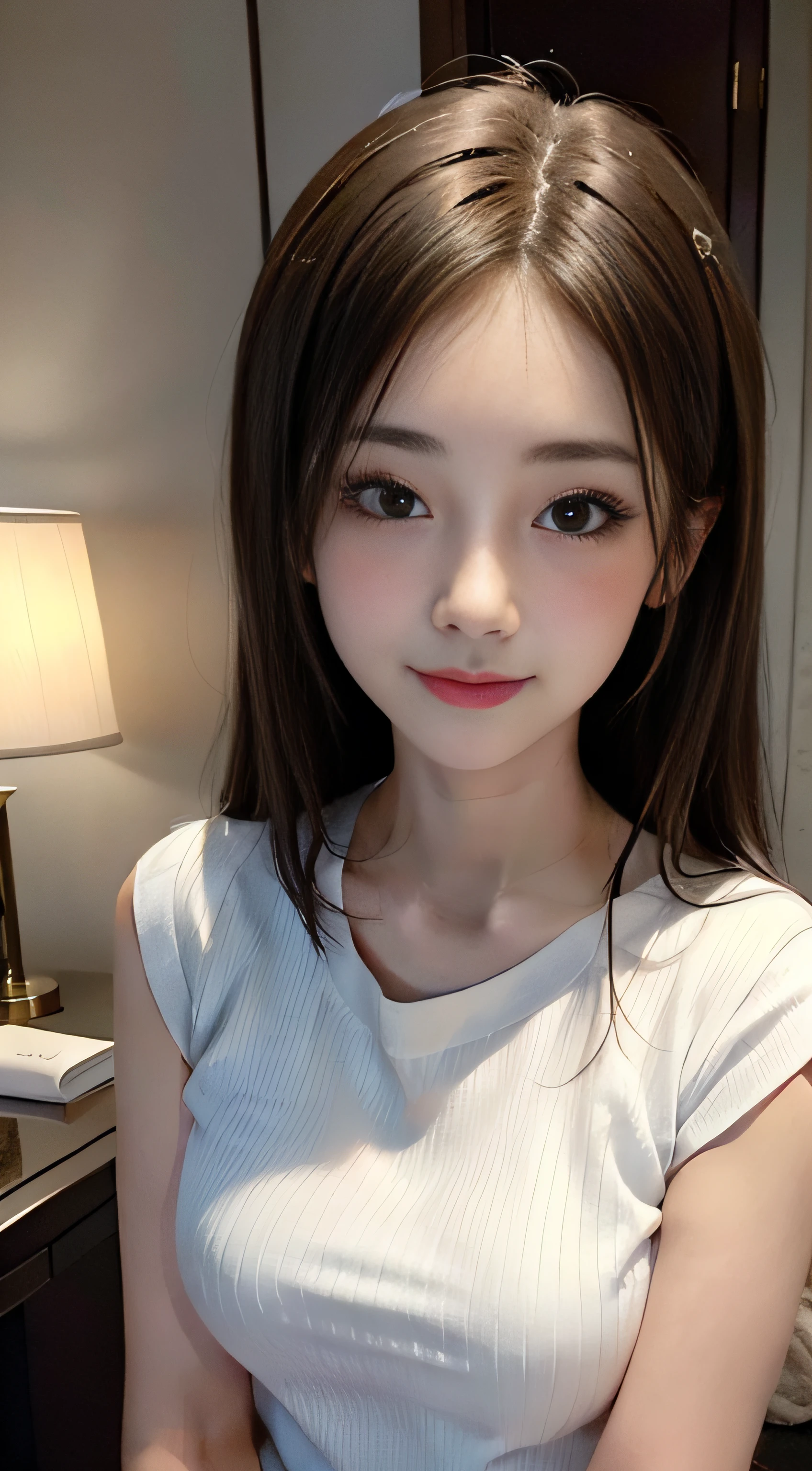 ​masterpiece、Top image quality:1.2、((beautiful young woman with))、Transparent skin:1.2、{A slight smil}、(kawaii)、Short sleeve knit、luxury hotel、depth of fields